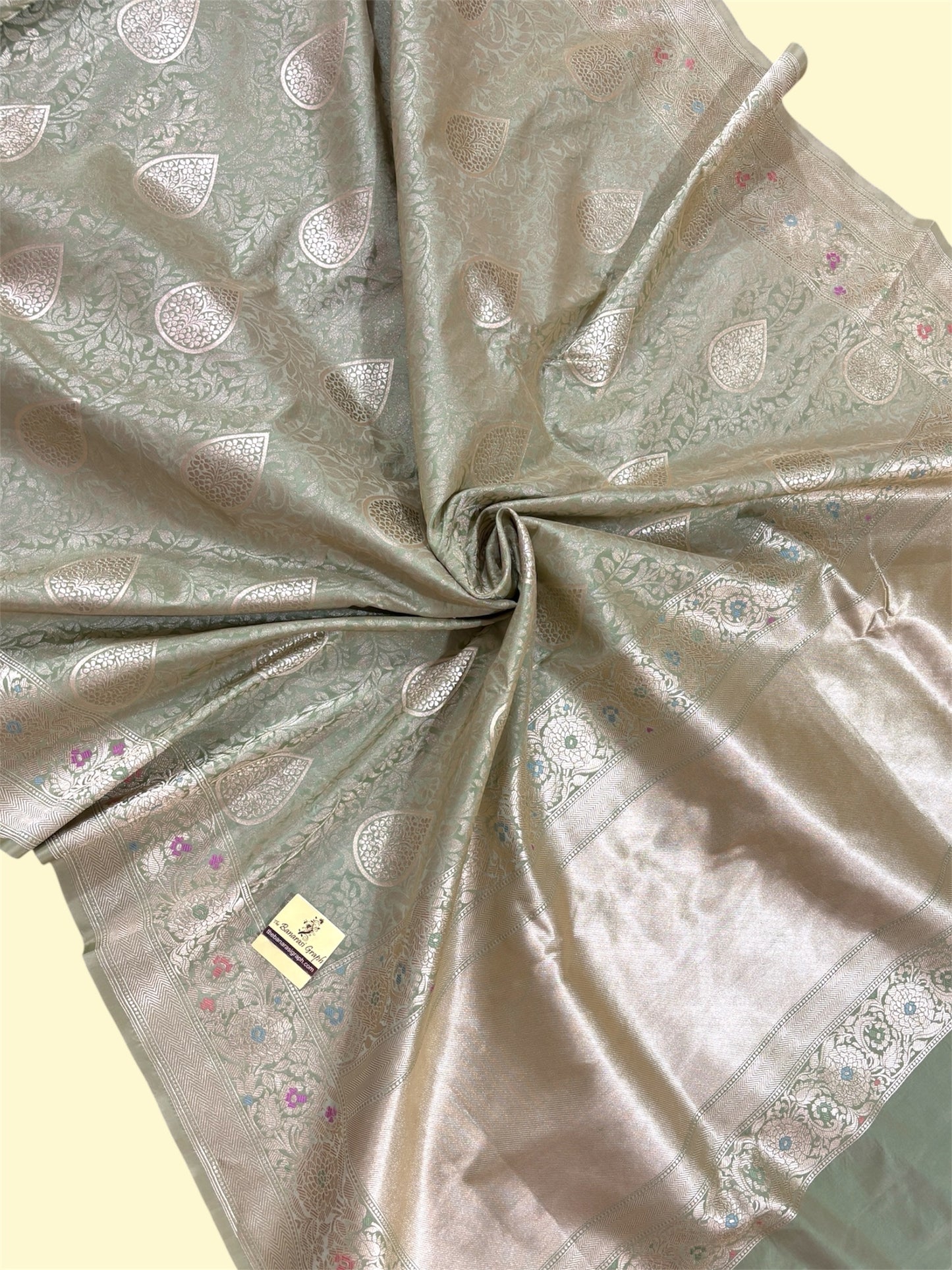 Pista Pure Katan Handloom Silk - All Over Jaal Work with Meenakari Banarasi Saree