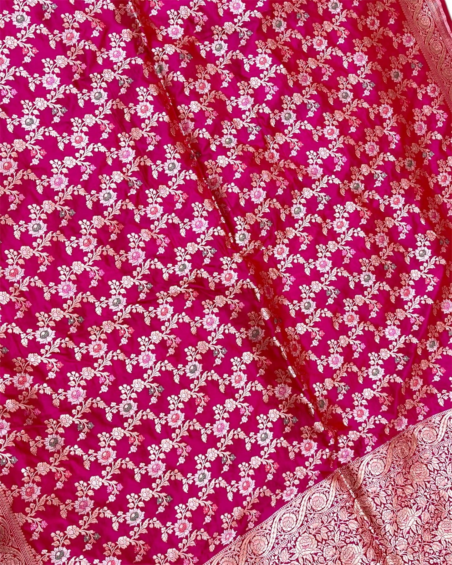 Hot Pink Pure Katan Handloom Silk - All Over Jaal Work With Tilfi Meenakari Banarasi Saree