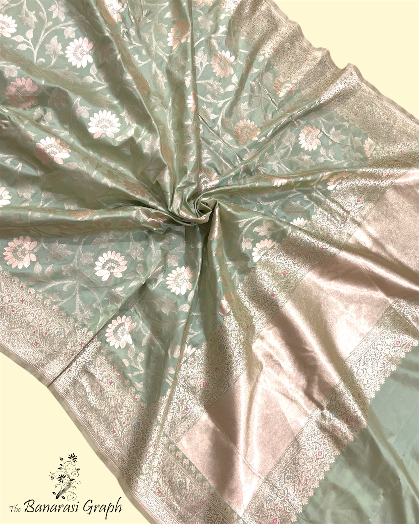 Pista Pure Katan Handloom Silk - All Over Jaal Work With Meenakari Banarasi Saree