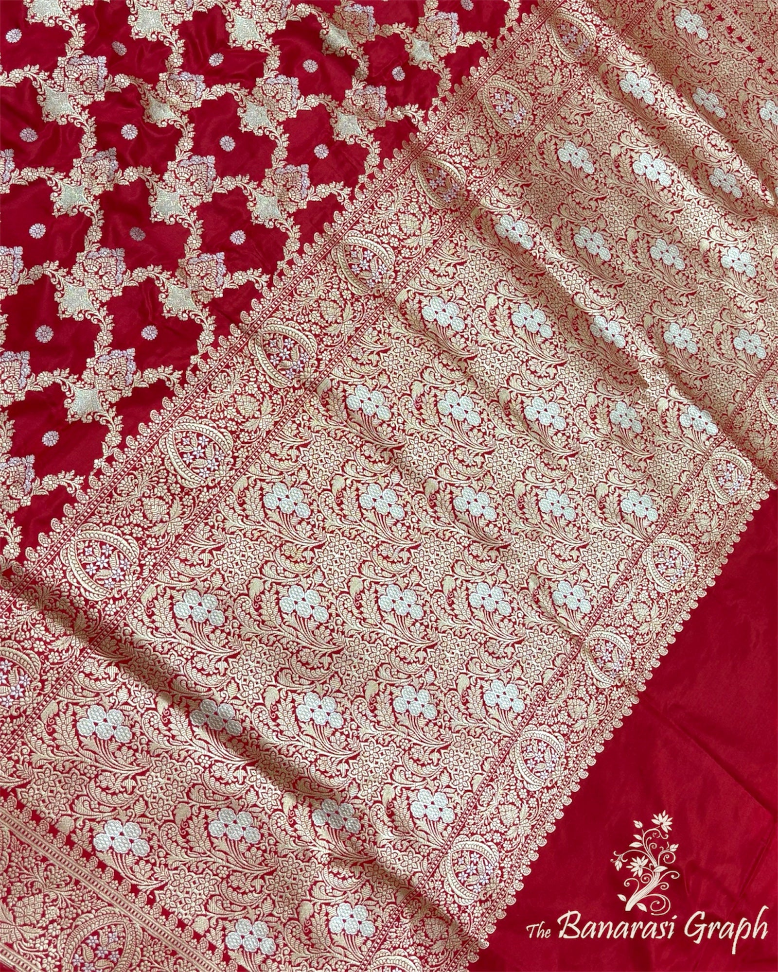Red Pure Katan Handloom Silk - Kadhua Motifs All Over Jaal Work With Sona Rupa Banarasi Saree