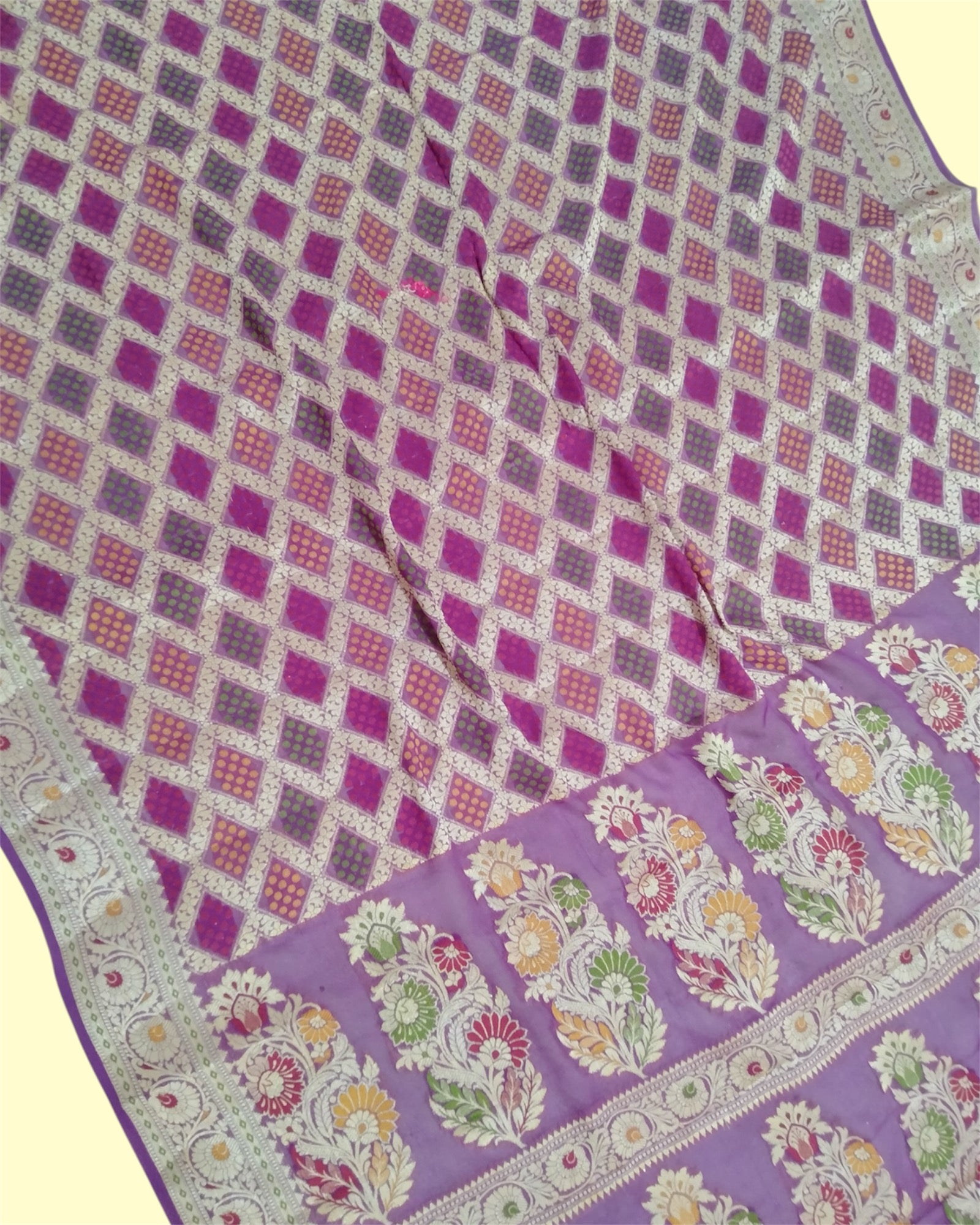 Purple Khaddi Chiffon - Water Zari Multi Bhandej Pure Banarasi Saree