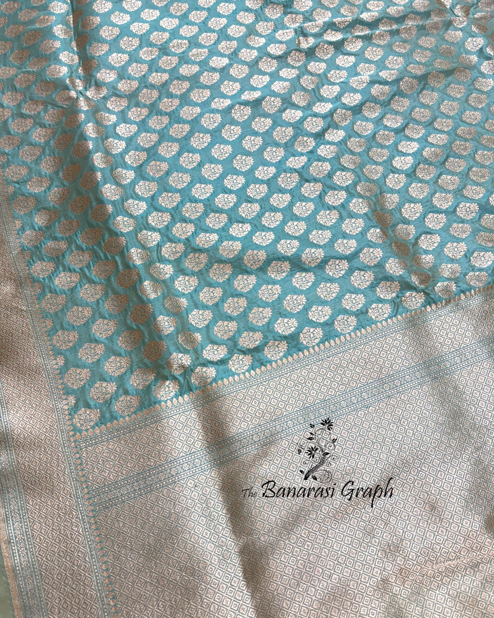 Aqua Blue Pure Katan Handloom Silk - All Over Booti Work Banarasi Saree