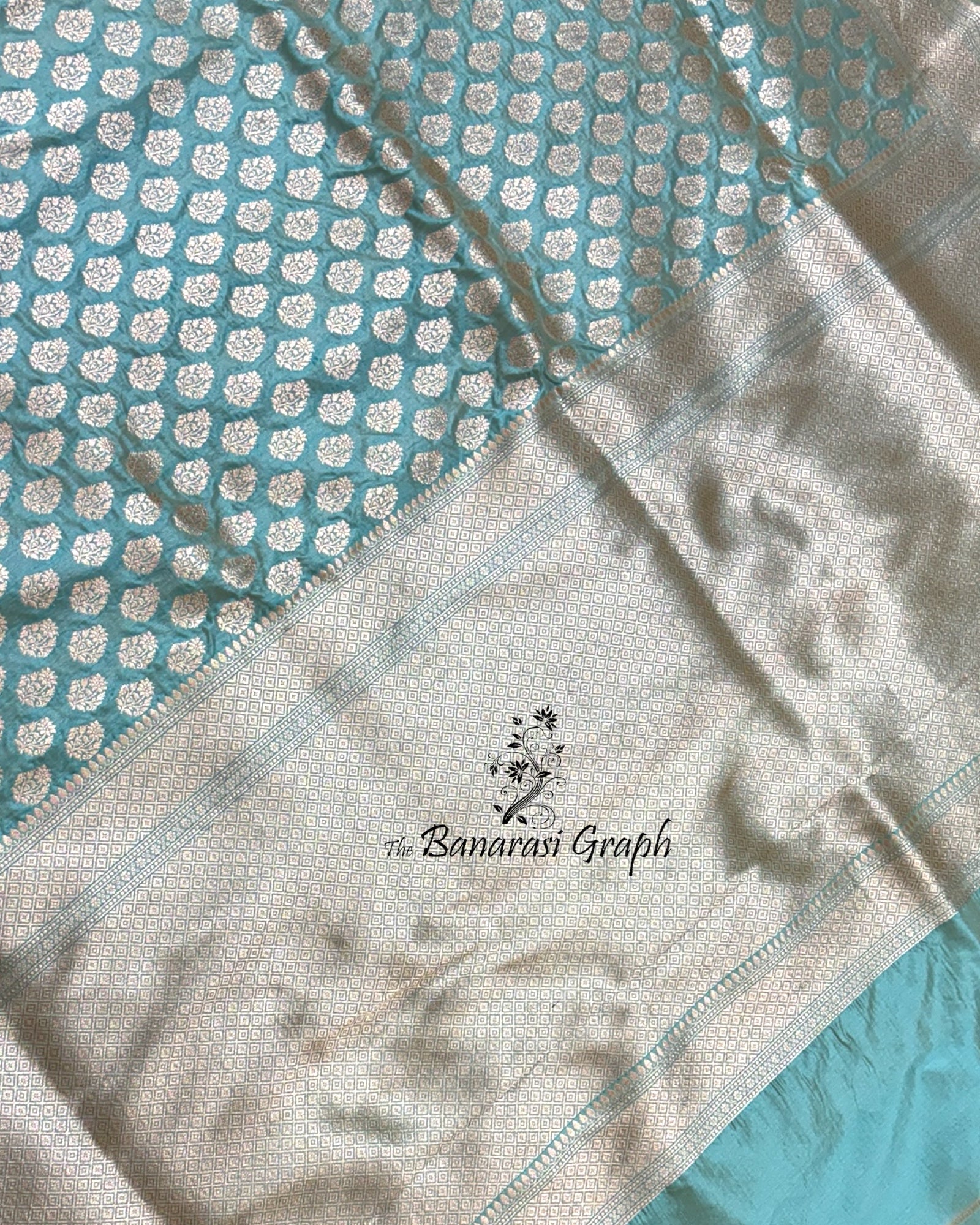 Aqua Blue Pure Katan Handloom Silk - All Over Booti Work Banarasi Saree