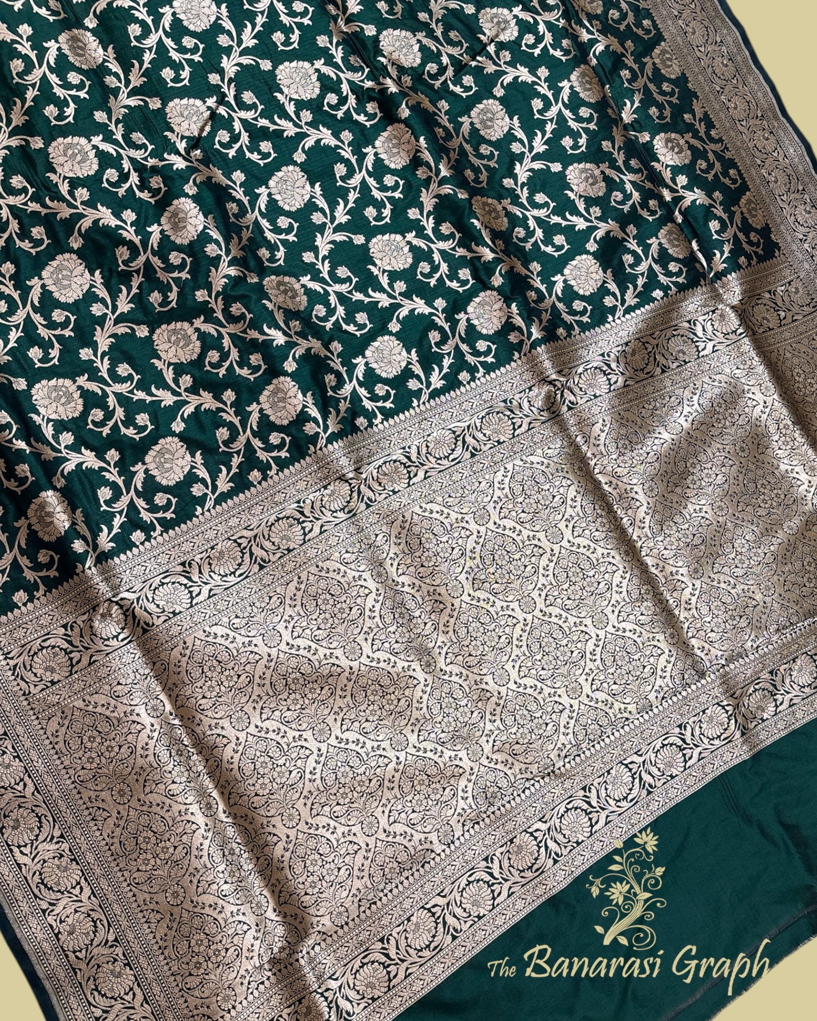 Dark Green Pure Katan Handloom Silk - All Over Jaal Work Banarasi Saree
