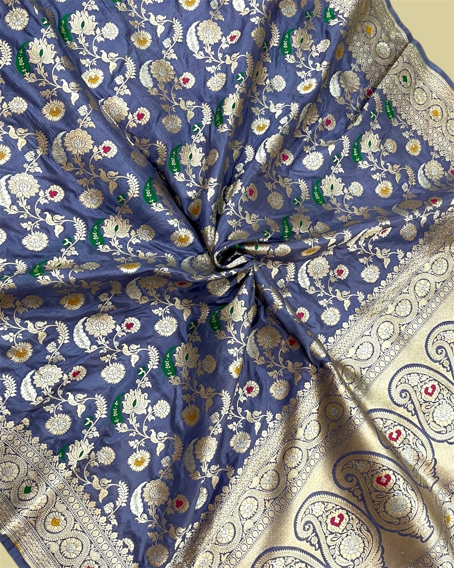 Grey Pure Katan Handloom Silk - All Over Jaal Work with Tilfi Meenakari Banarasi Saree