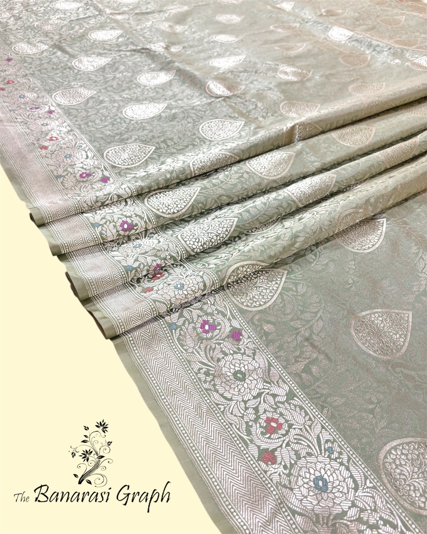 Pista Pure Katan Handloom Silk - All Over Jaal Work with Meenakari Banarasi Saree