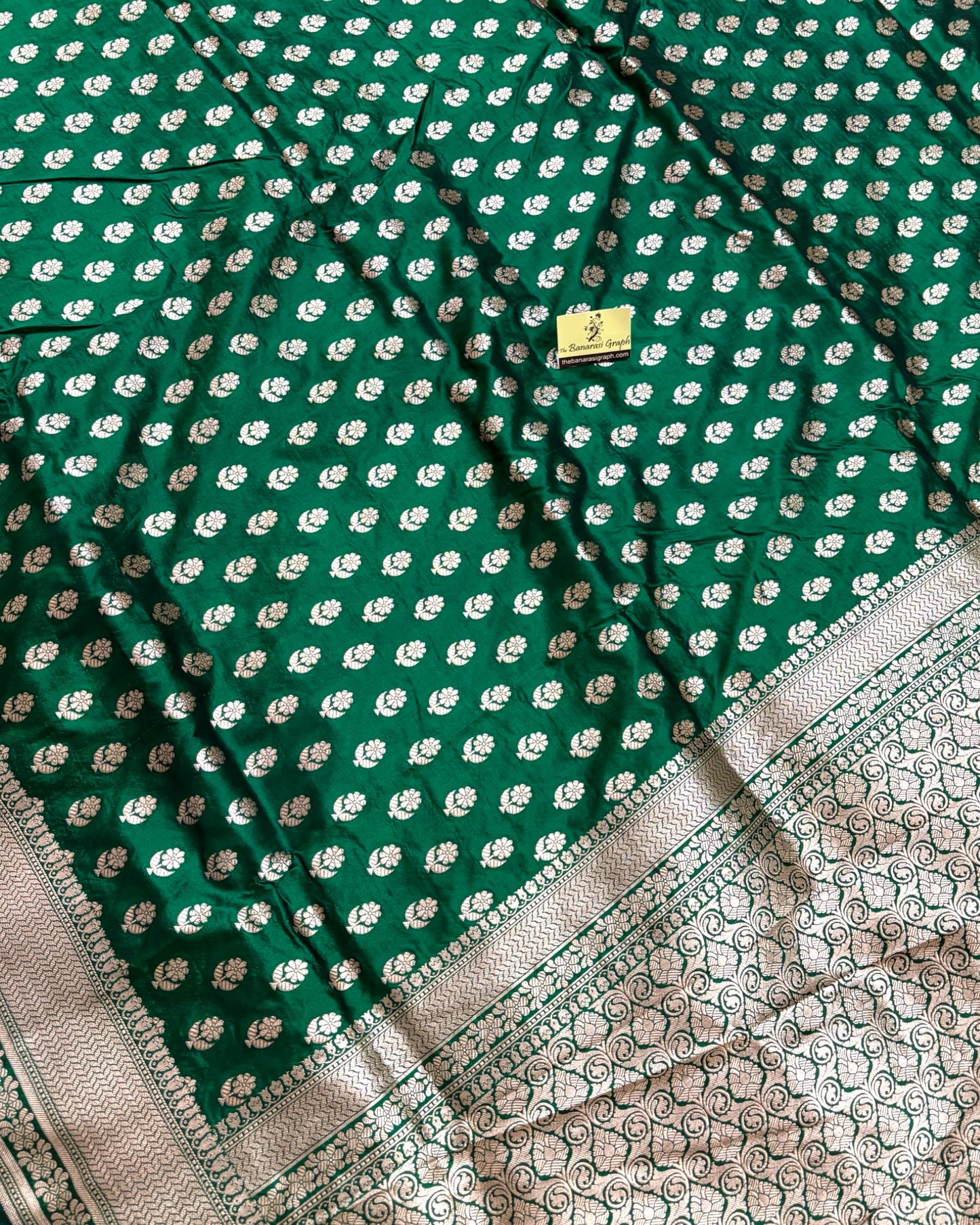 Green Pure Katan Handloom Silk - All Over Booti Work Banarasi Saree