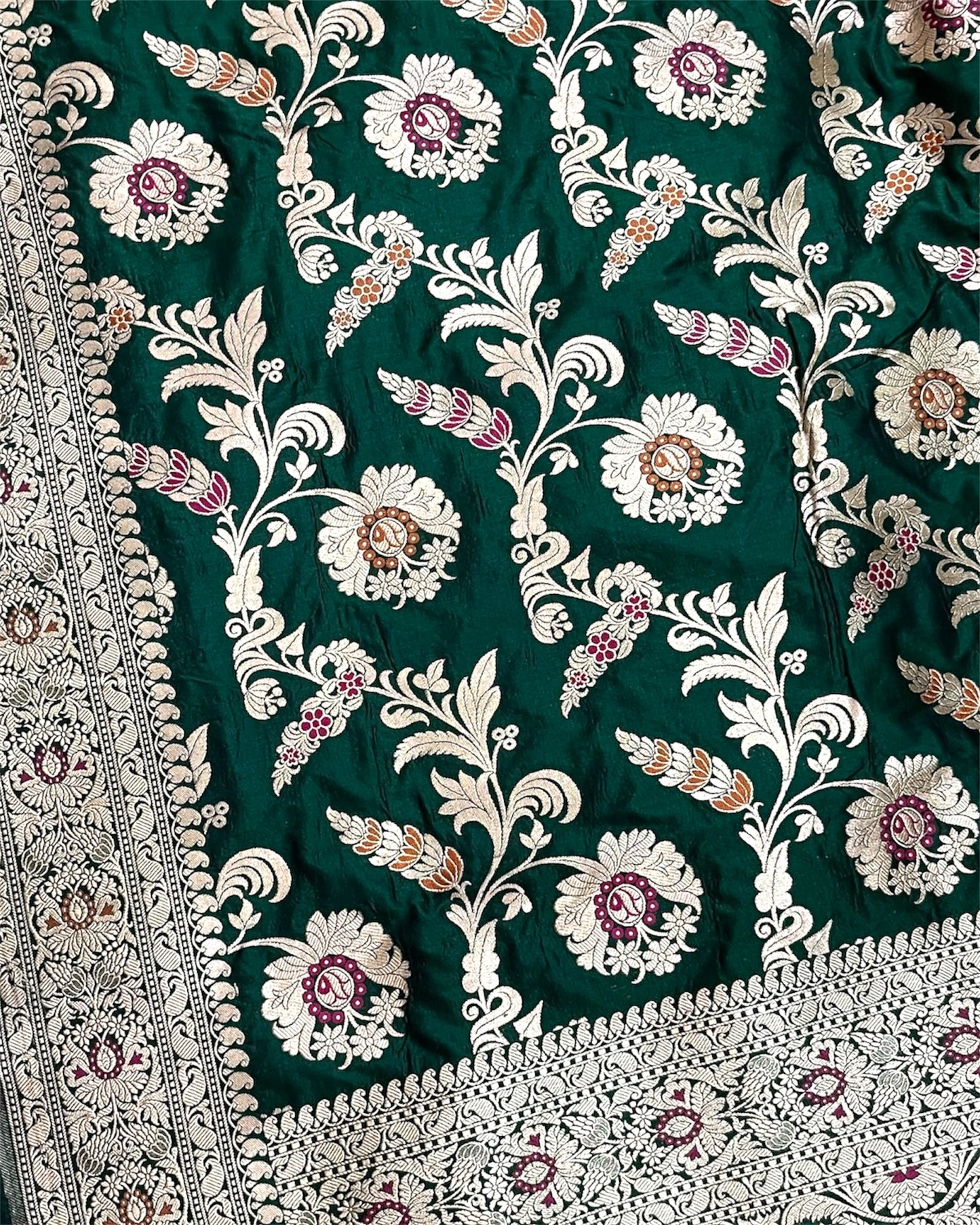 Dark Green Pure Katan Handloom Silk - All Over Jaal Work with Tilfi Meenakari Banarasi Saree