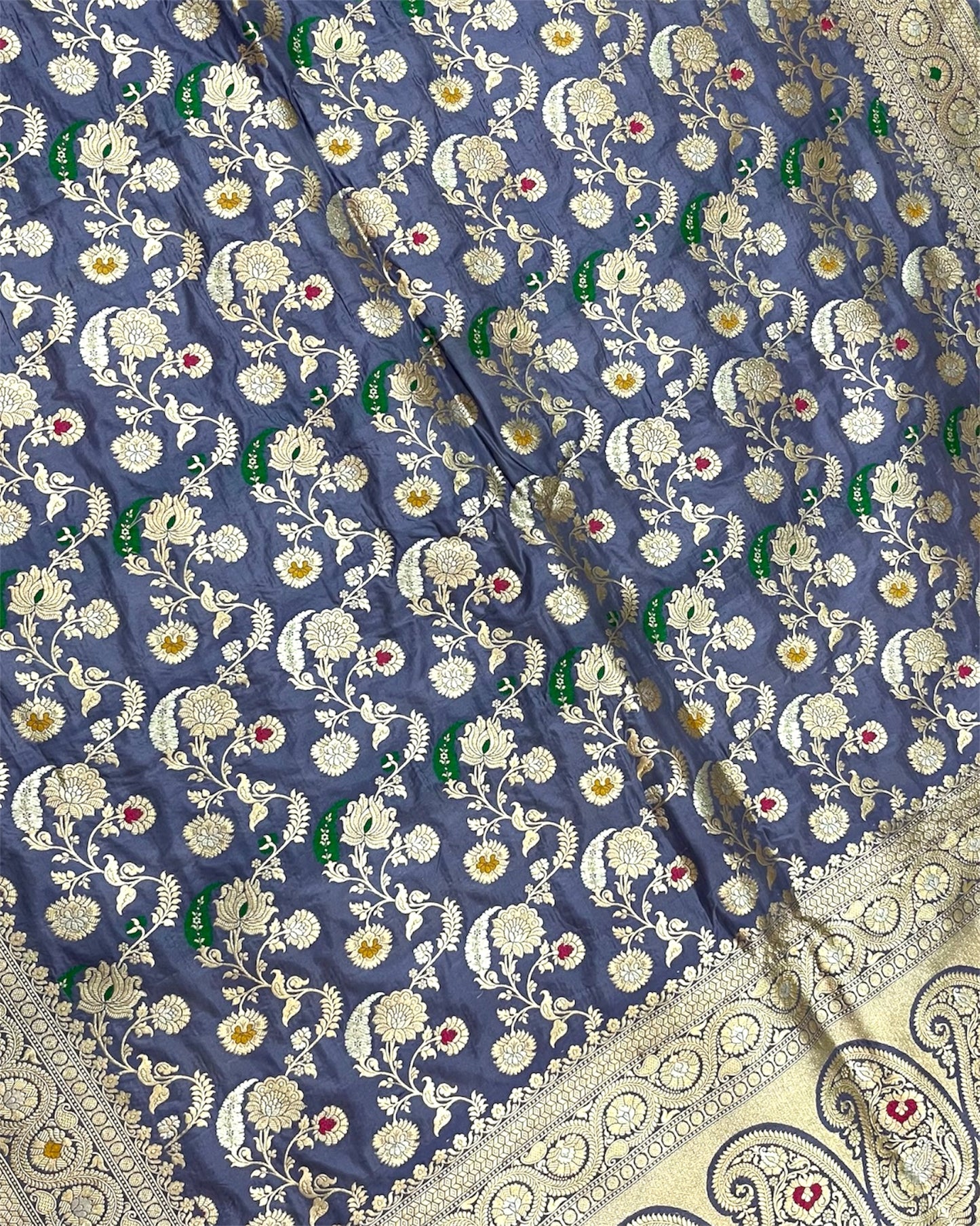 Grey Pure Katan Handloom Silk - All Over Jaal Work with Tilfi Meenakari Banarasi Saree