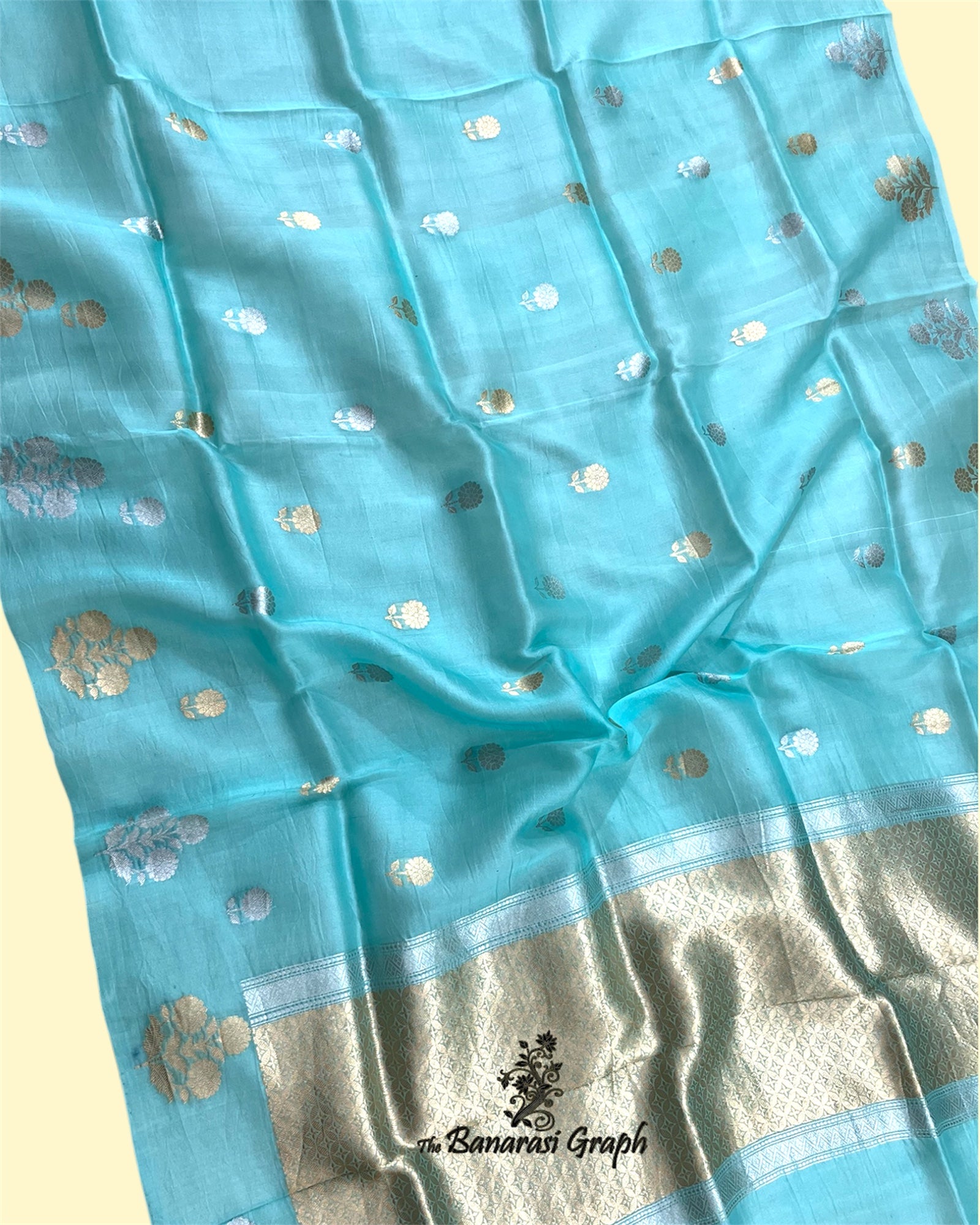 Sky Blue Pure Kora Handloom Silk - Kadhua Motifs Banarasi Saree