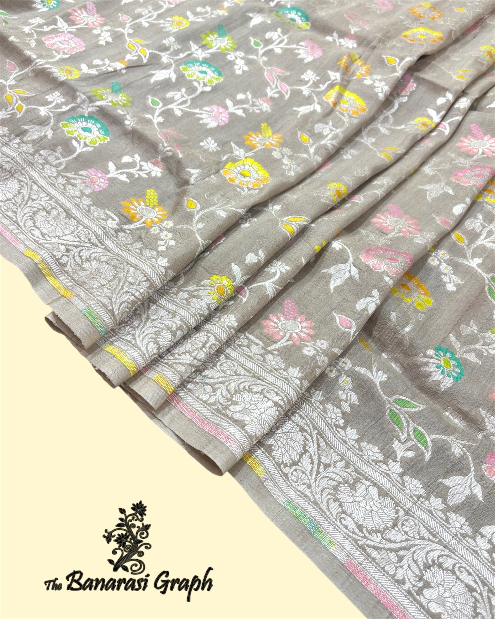 Pure Tussar Georgette Handloom Silk - All Over Jaal Work With Meenakari Banarasi Saree