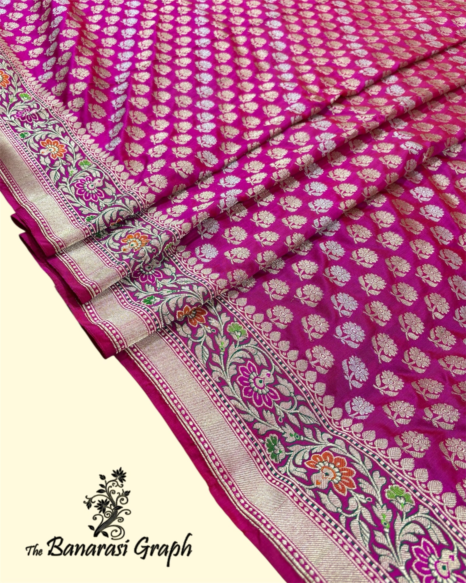 Hot Pink Pure Katan Handloom Silk - Kadhua Motifs with Meenakari Banarasi Saree