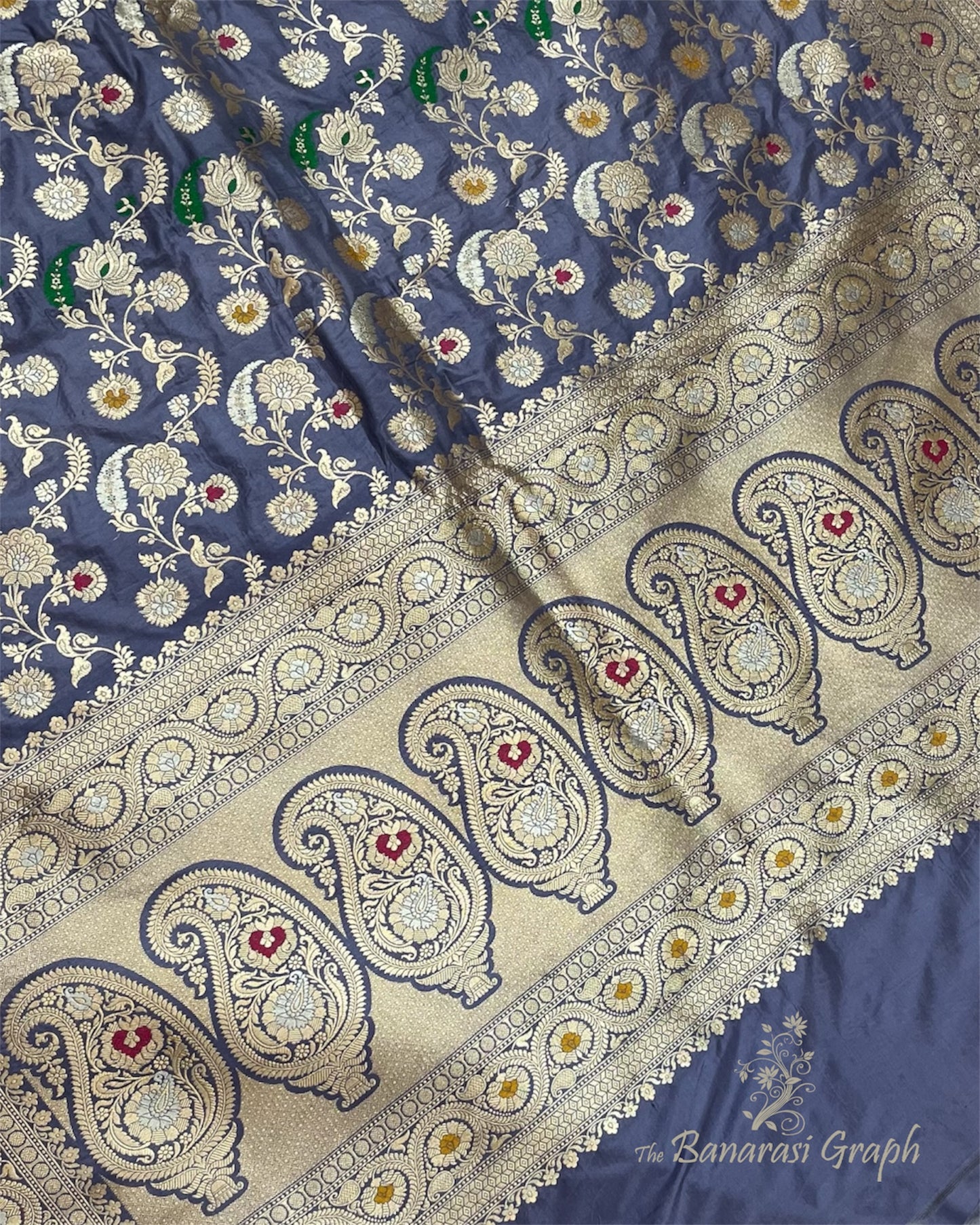 Grey Pure Katan Handloom Silk - All Over Jaal Work with Tilfi Meenakari Banarasi Saree