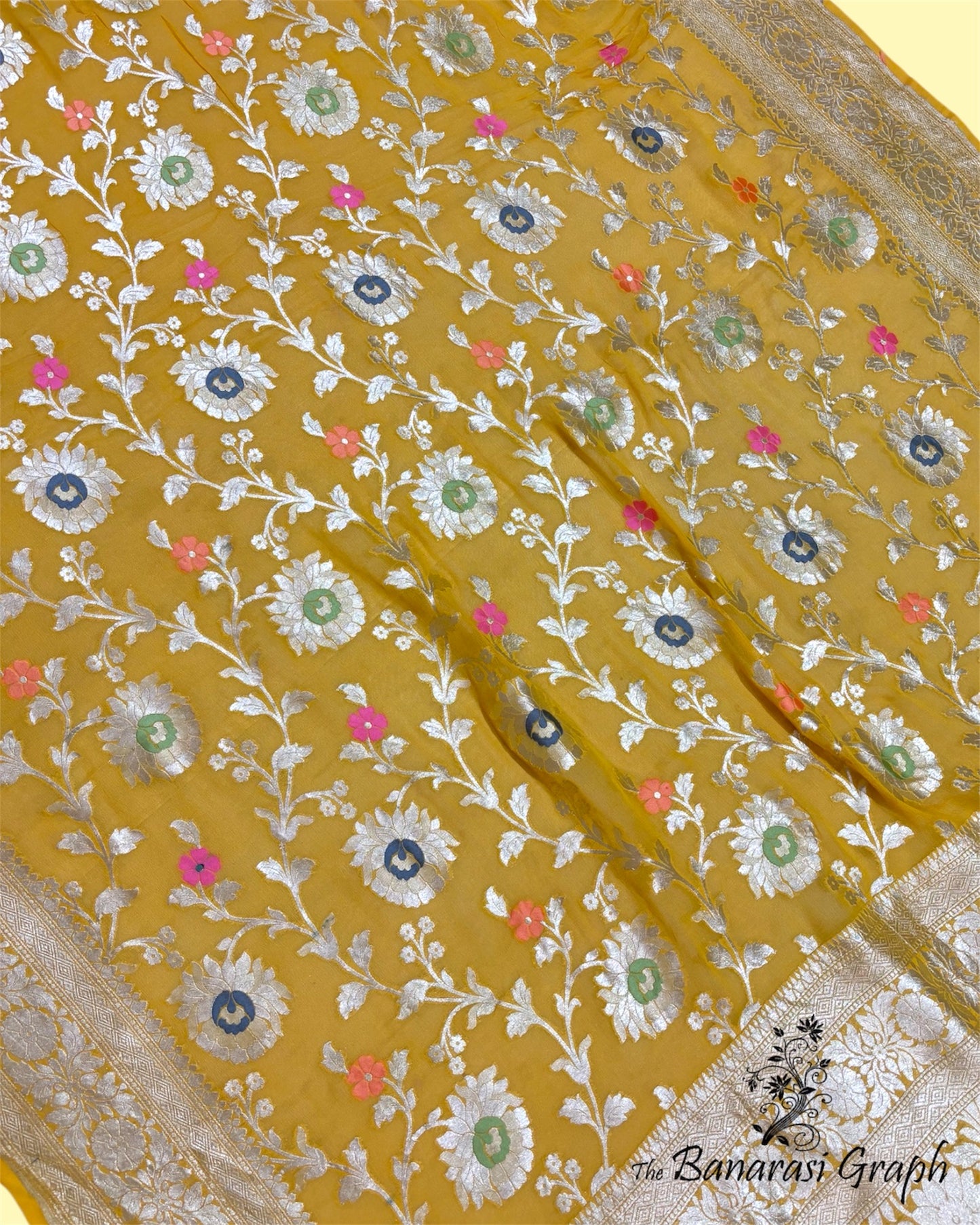 Yellow Pure Khaddi Georgette with Meenakari - Water Zari All Over Jaal Work Banarasi Saree