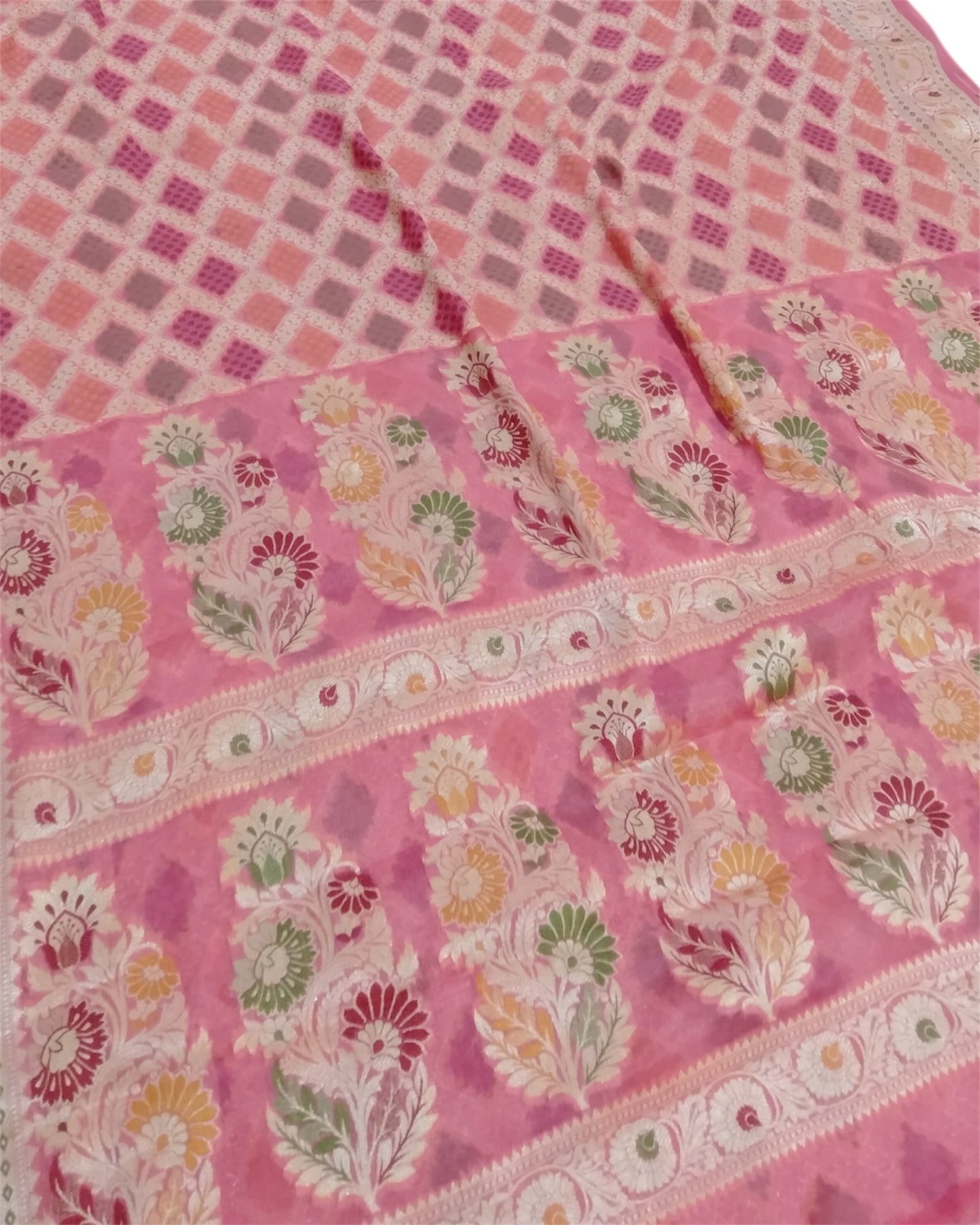Peach Pure Khaddi Chiffon Water Zari Multi Bhandej - Banarasi Saree