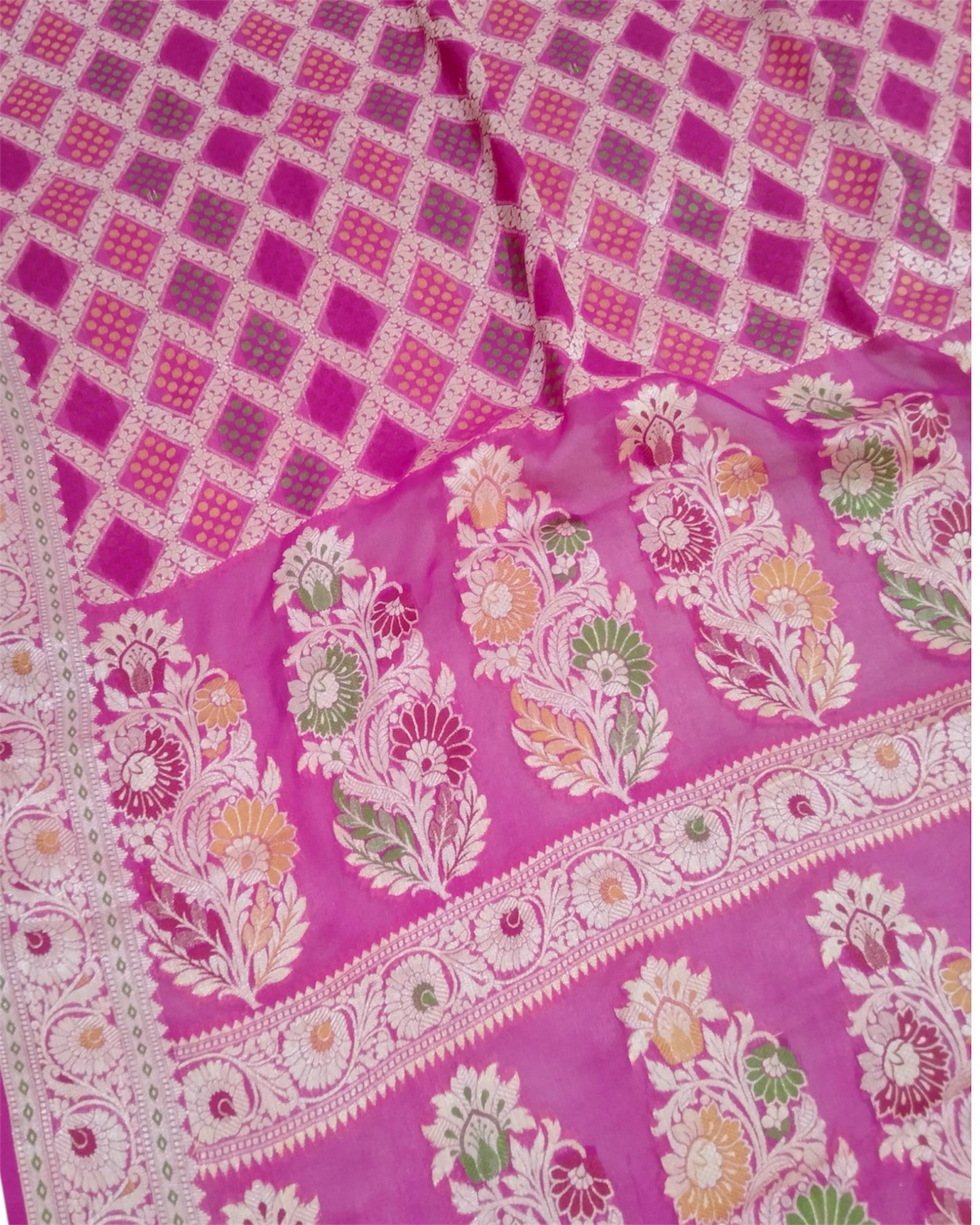 Pink Pure Khaddi Chiffon Water Zari Multi Bhandej Banarasi Saree
