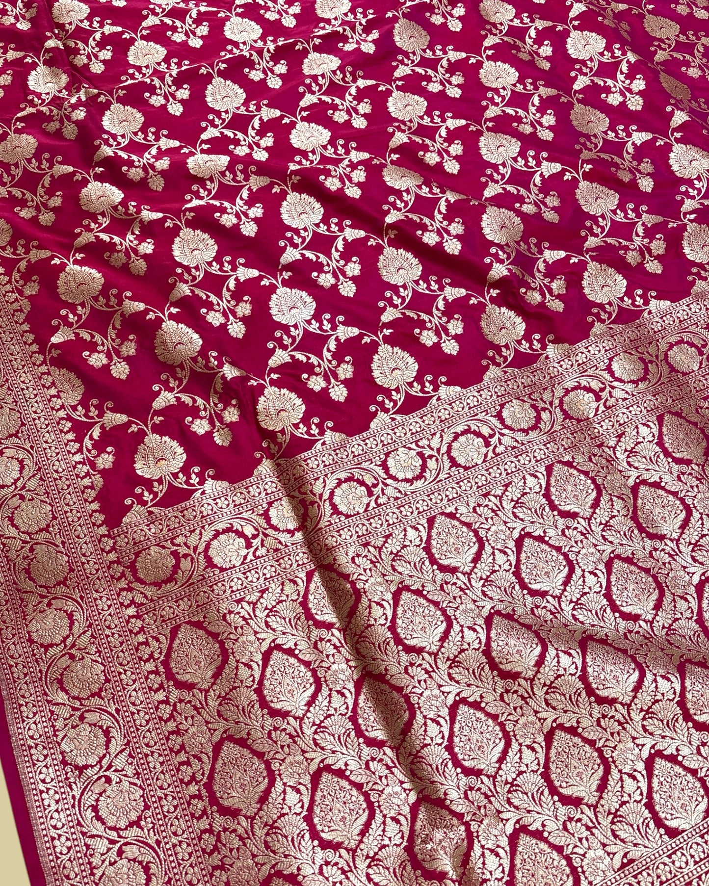 Hot Pink Pure Katan Handloom Silk - All Over Jaal Work Banarasi Saree