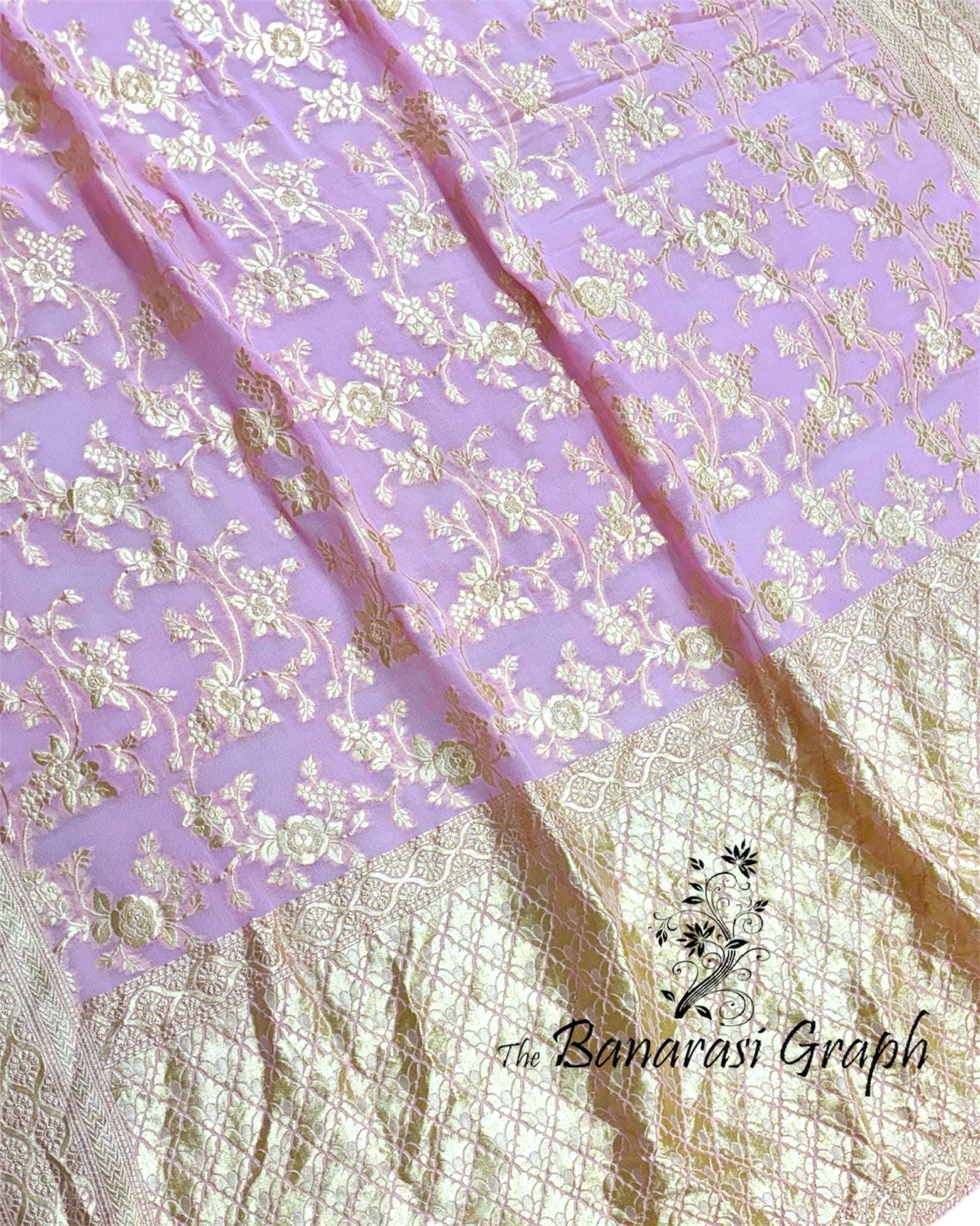 Baby Pink Khaddi Georgette Water Zari - All Over Jaal Work Pure Banarasi Saree