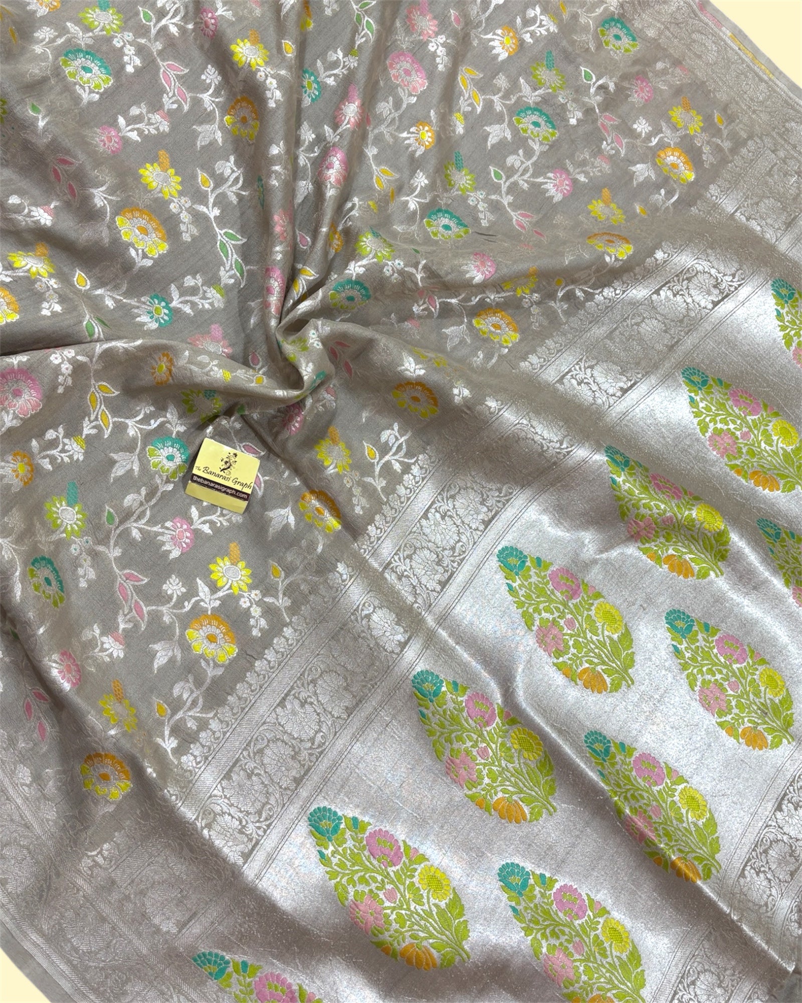 Pure Tussar Georgette Handloom Silk - All Over Jaal Work With Meenakari Banarasi Saree