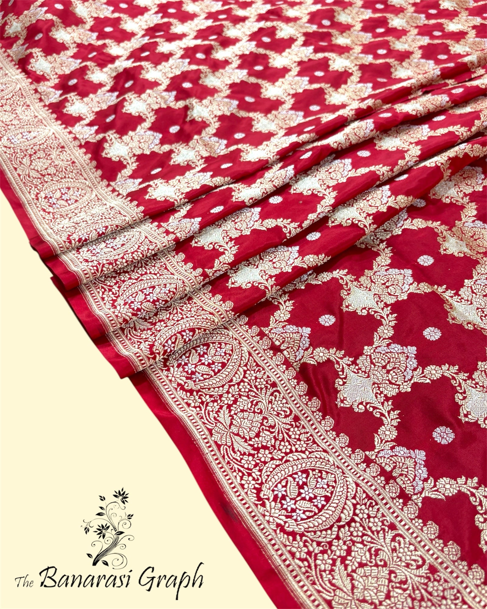 Red Pure Katan Handloom Silk - Kadhua Motifs All Over Jaal Work With Sona Rupa Banarasi Saree