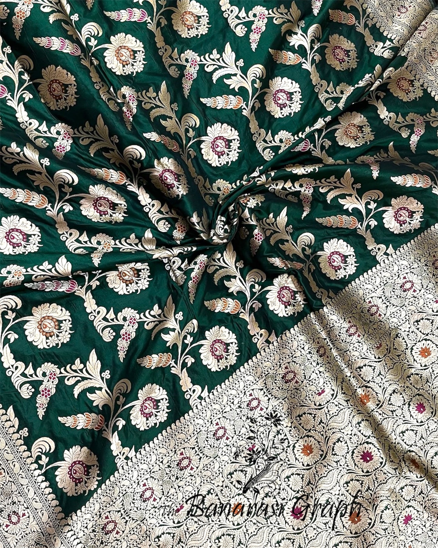 Dark Green Pure Katan Handloom Silk - All Over Jaal Work with Tilfi Meenakari Banarasi Saree