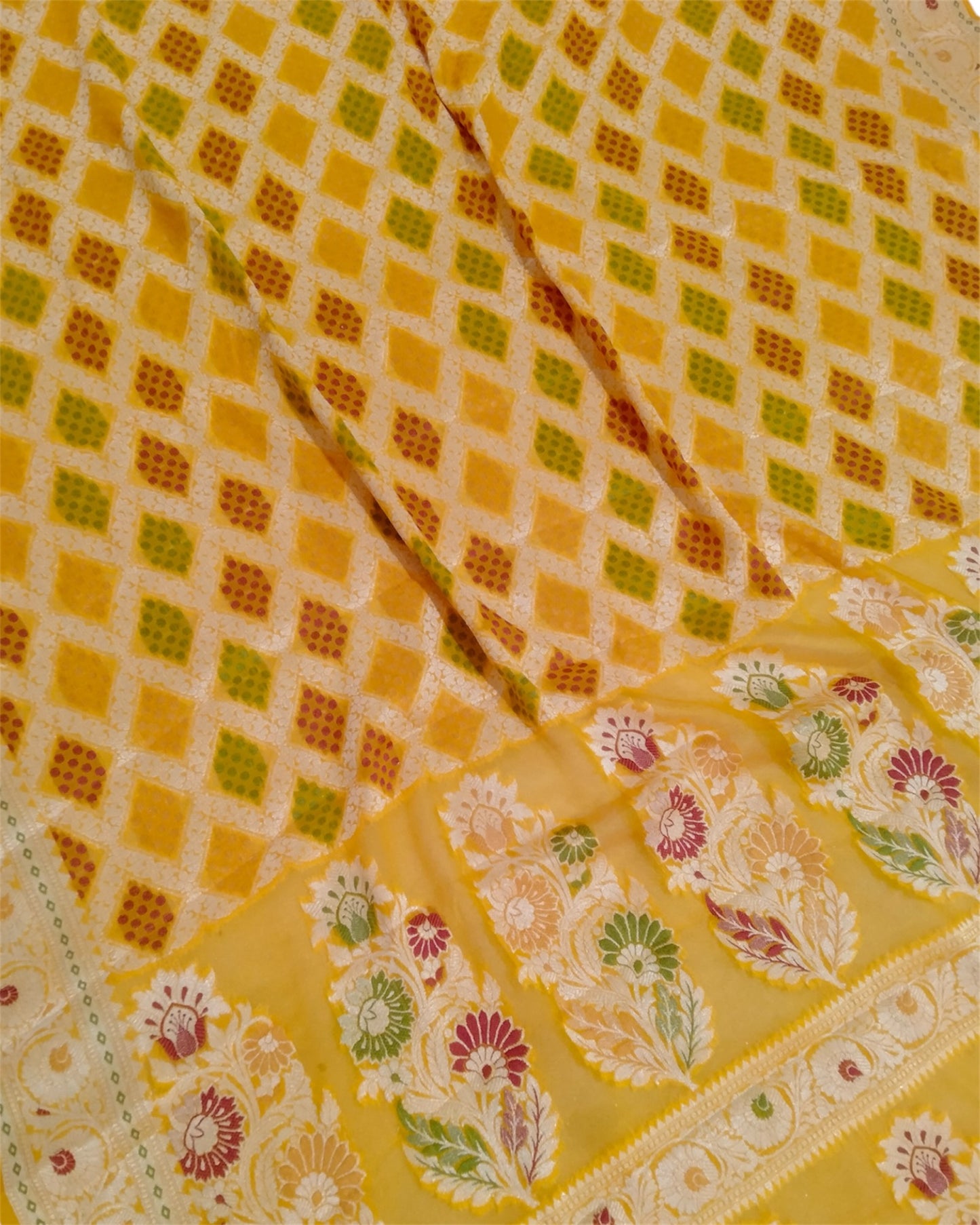 Yellow Pure Khaddi Chiffon Water Zari Multi Bhandej Banarasi Saree
