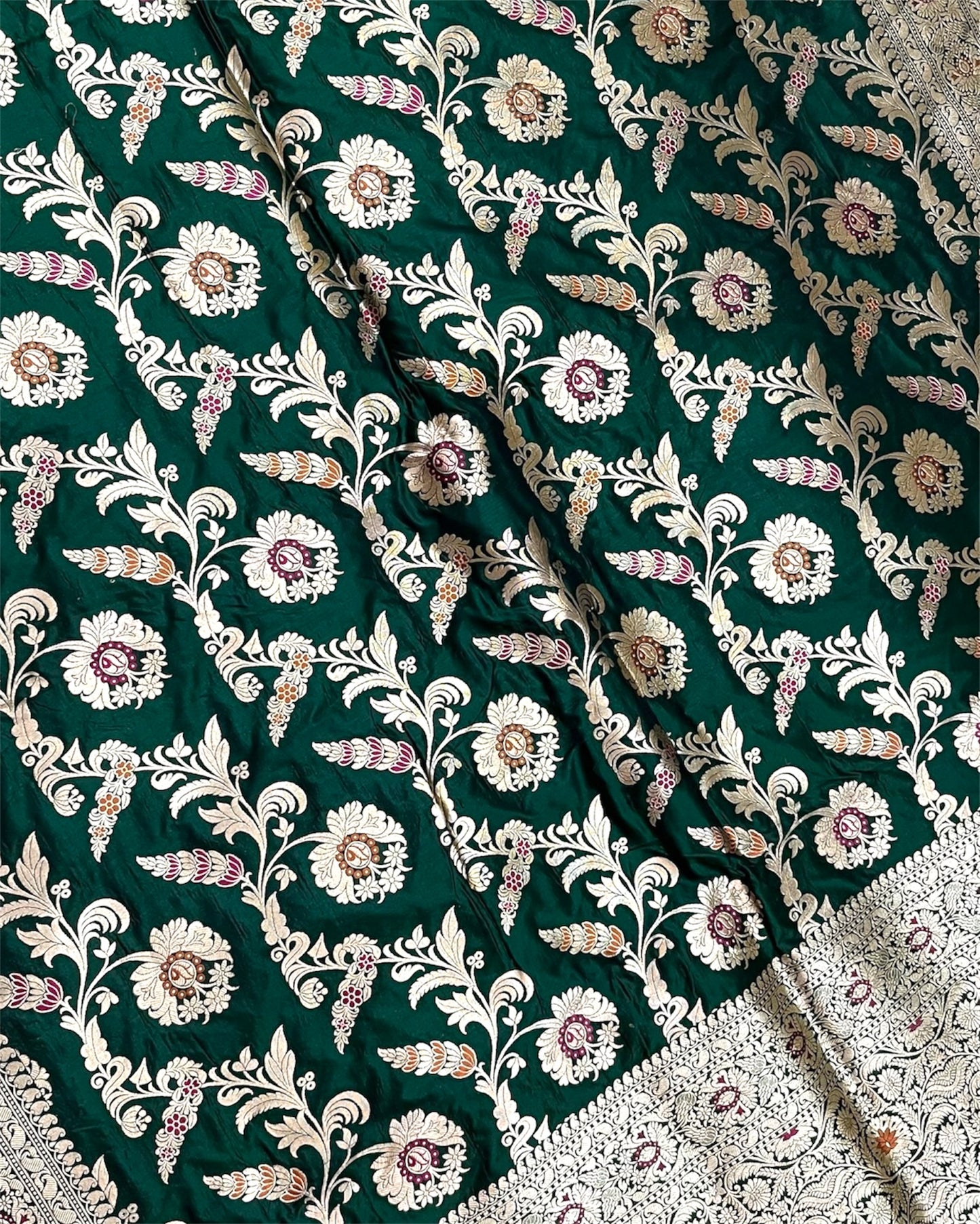 Dark Green Pure Katan Handloom Silk - All Over Jaal Work with Tilfi Meenakari Banarasi Saree