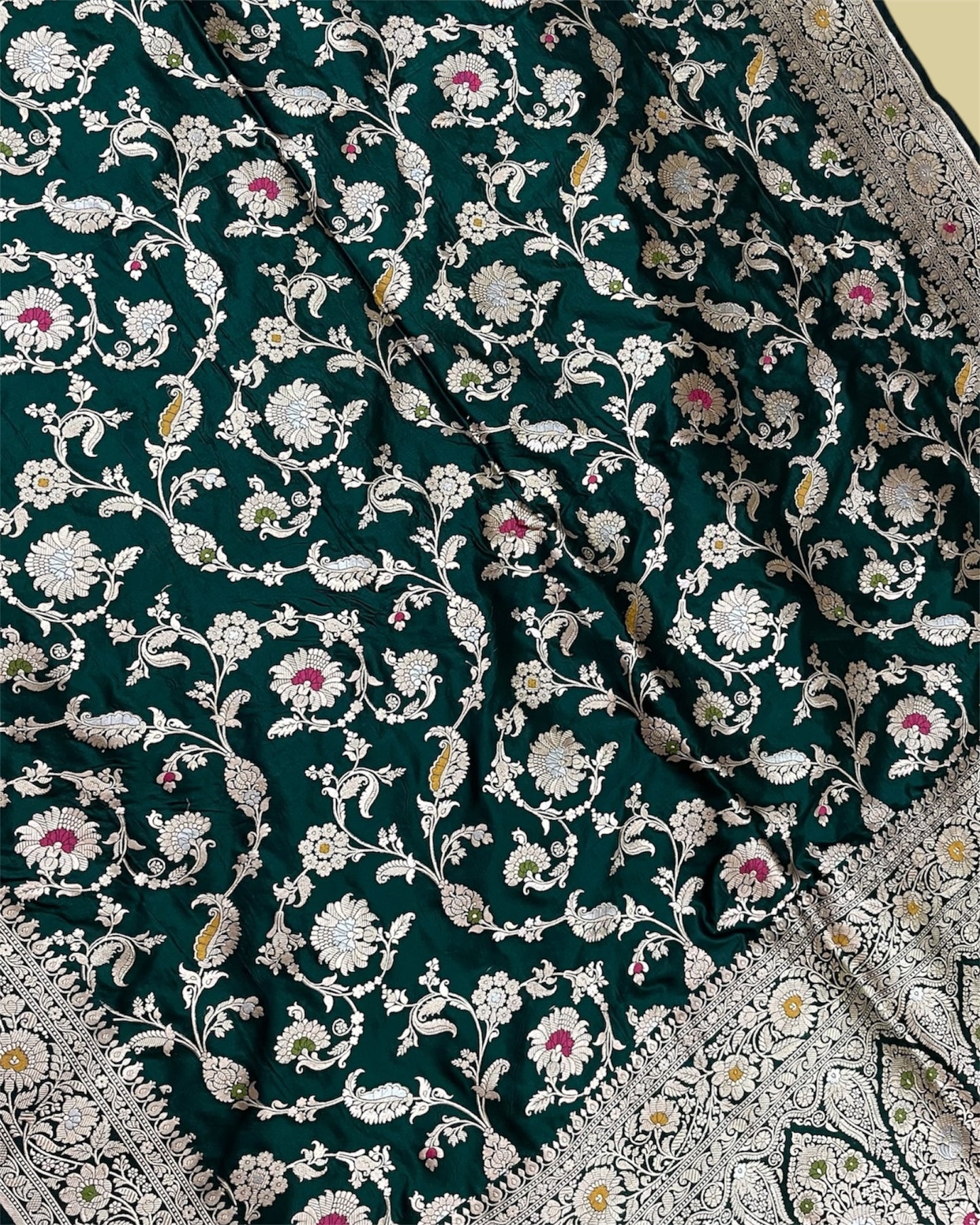 Dark Green Pure Katan Handloom Silk - All Over Jaal Work With Tilfi Meenakari