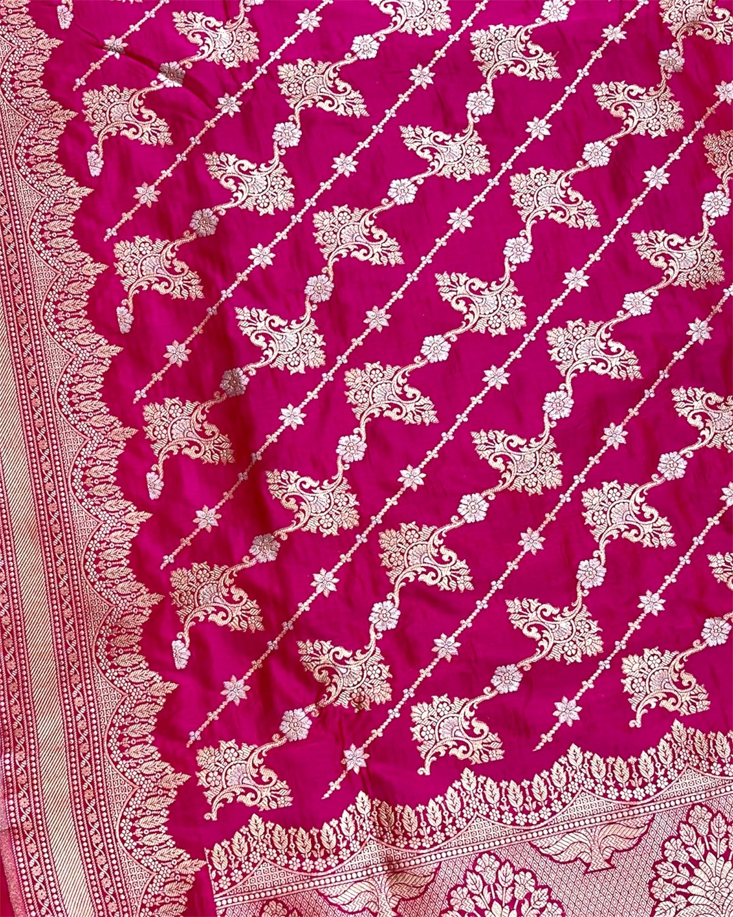 Hot Pink Pure Katan Handloom Silk - All Over Jaal Work Banarasi Saree
