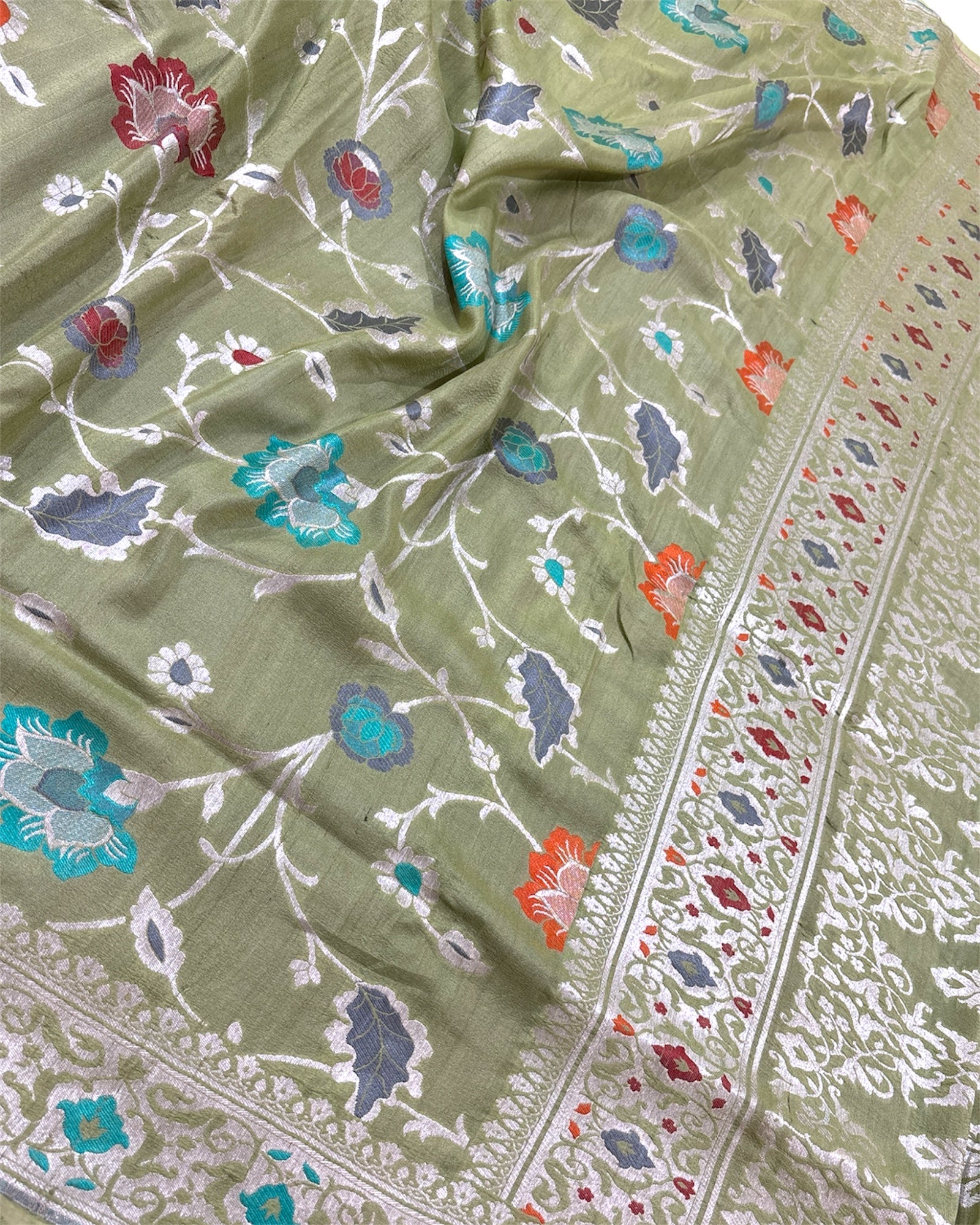 Pure Tussar Georgette - All Over Jaal Work With Meenakari Banarasi Saree