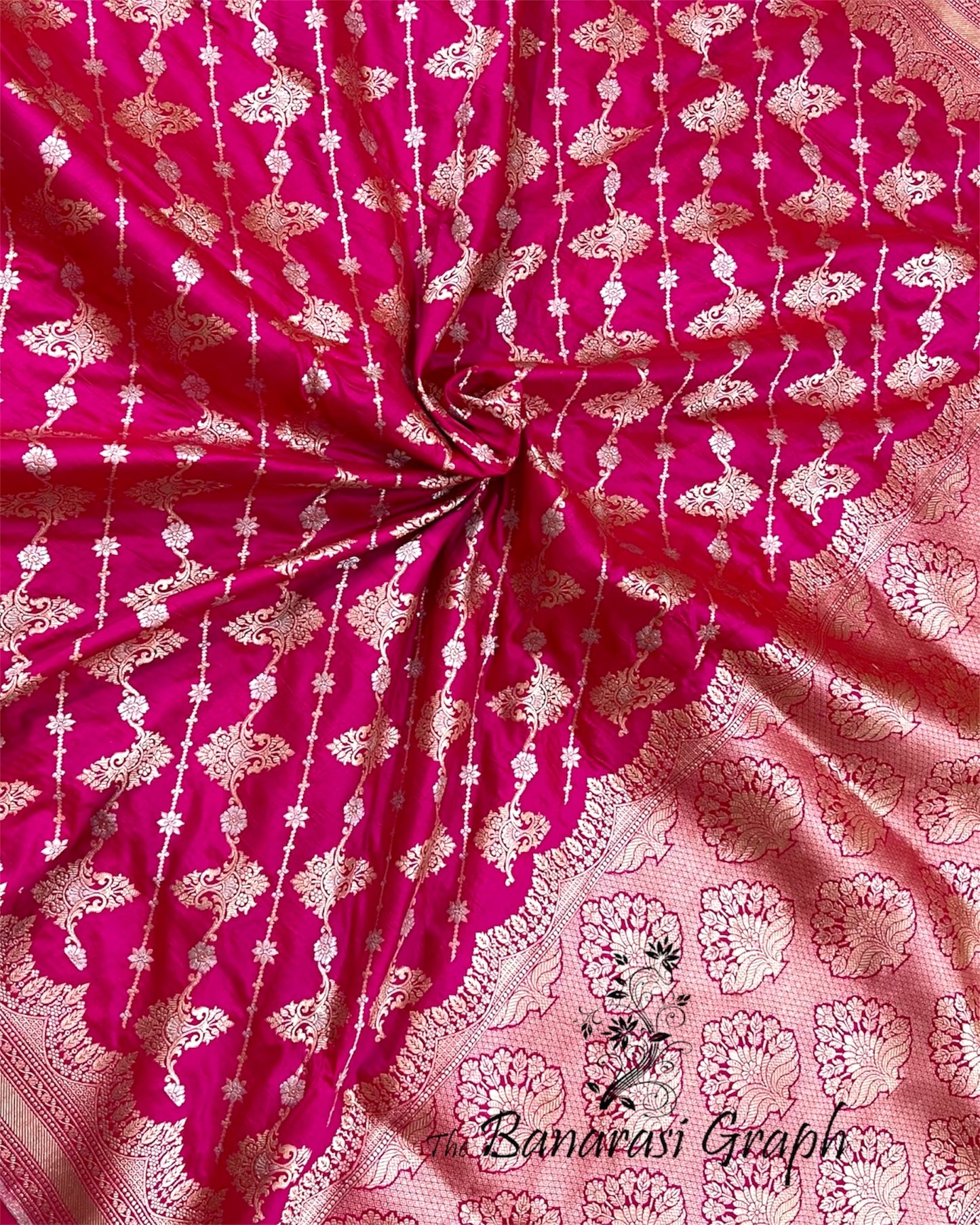 Hot Pink Pure Katan Handloom Silk - All Over Jaal Work Banarasi Saree