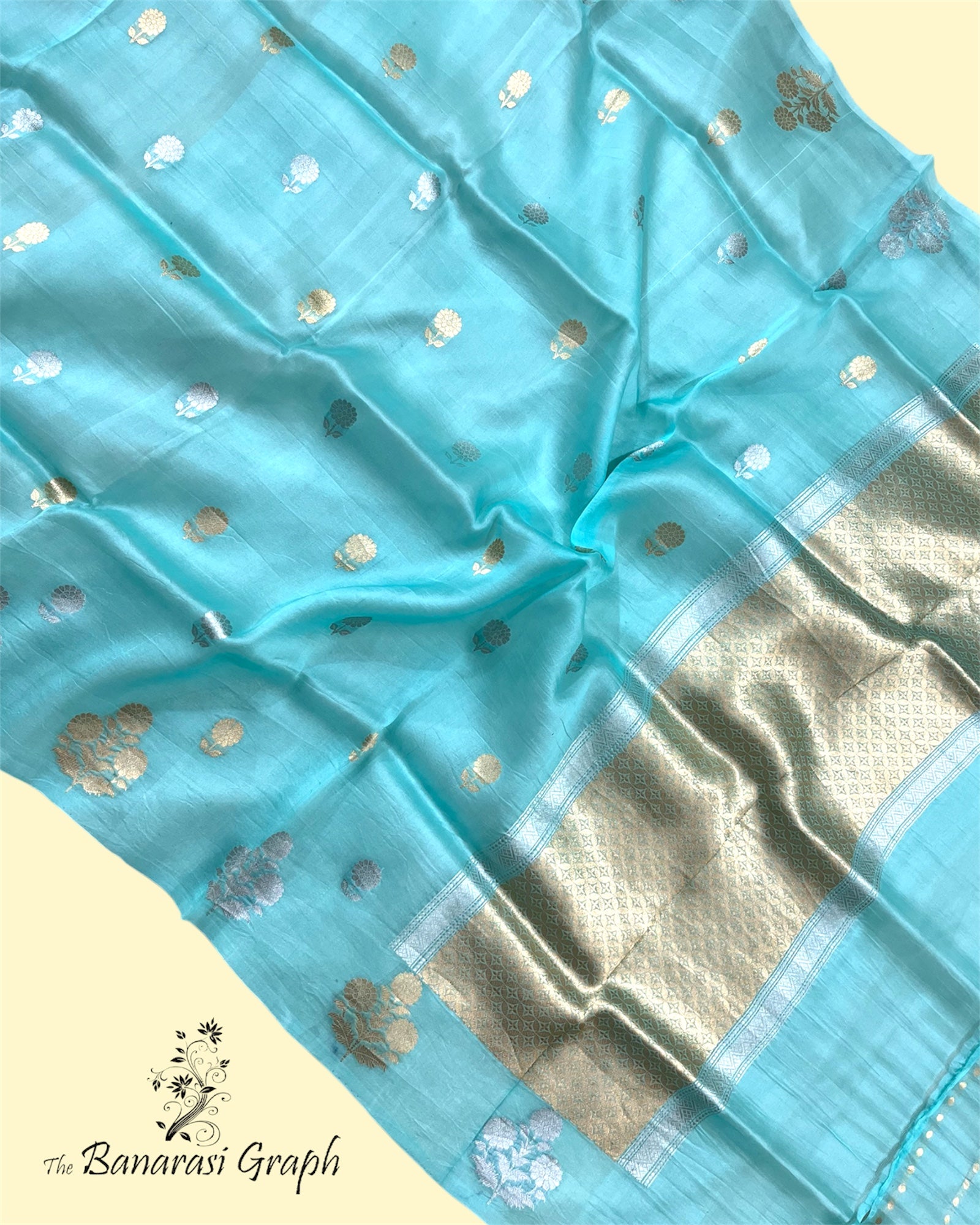 Sky Blue Pure Kora Handloom Silk - Kadhua Motifs Banarasi Saree