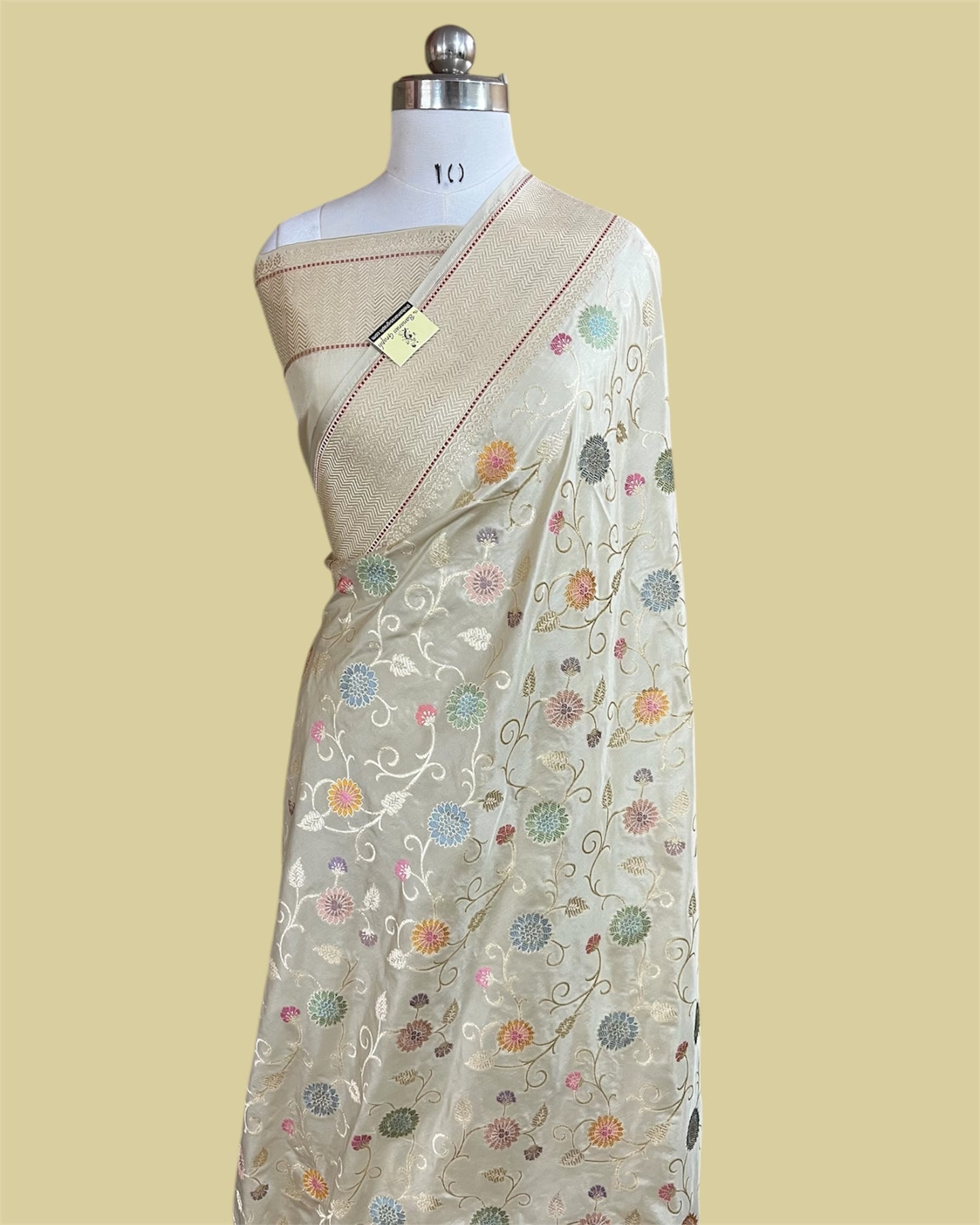 Cream Pure Katan Handloom Silk - All Over Jaal Work With Meenakari Banarasi Saree