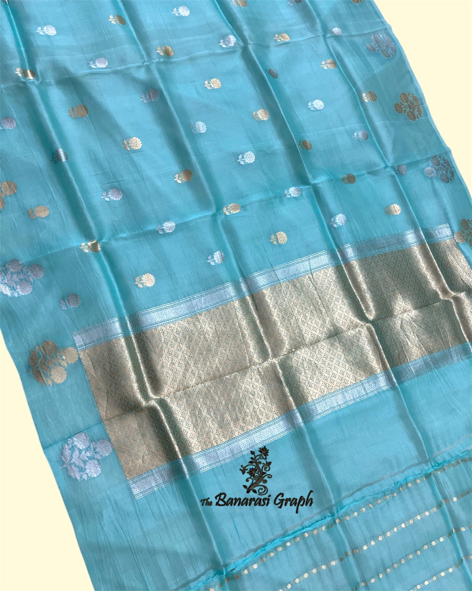 Sky Blue Pure Kora Handloom Silk - Kadhua Motifs Banarasi Saree