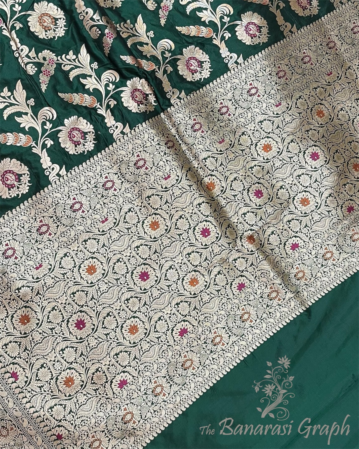 Dark Green Pure Katan Handloom Silk - All Over Jaal Work with Tilfi Meenakari Banarasi Saree