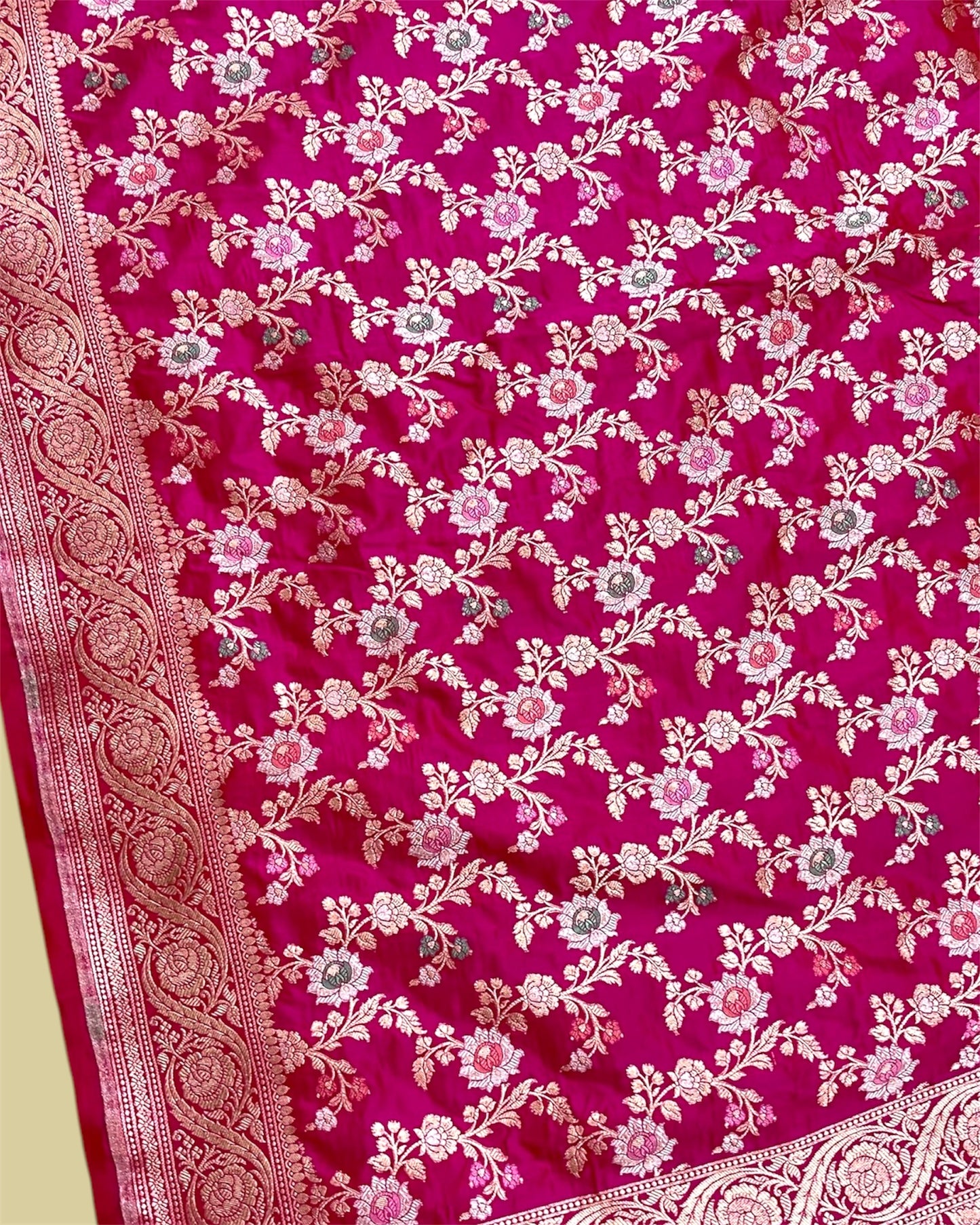 Hot Pink Pure Katan Handloom Silk - All Over Jaal Work With Tilfi Meenakari Banarasi Saree