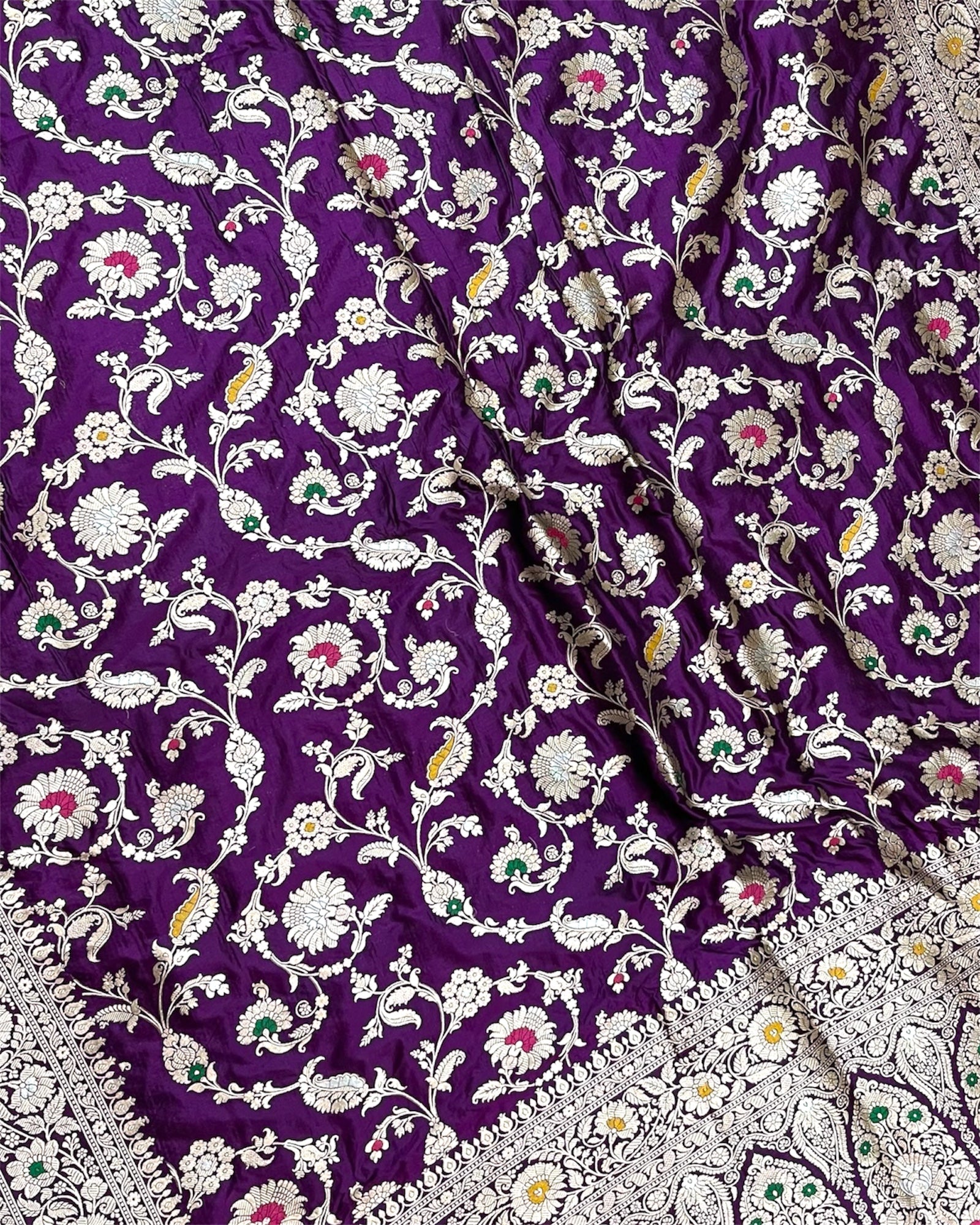 Baigni Pure Katan Handloom Silk - All Over Jaal Work With Tilfi Meenakari Banarasi Saree