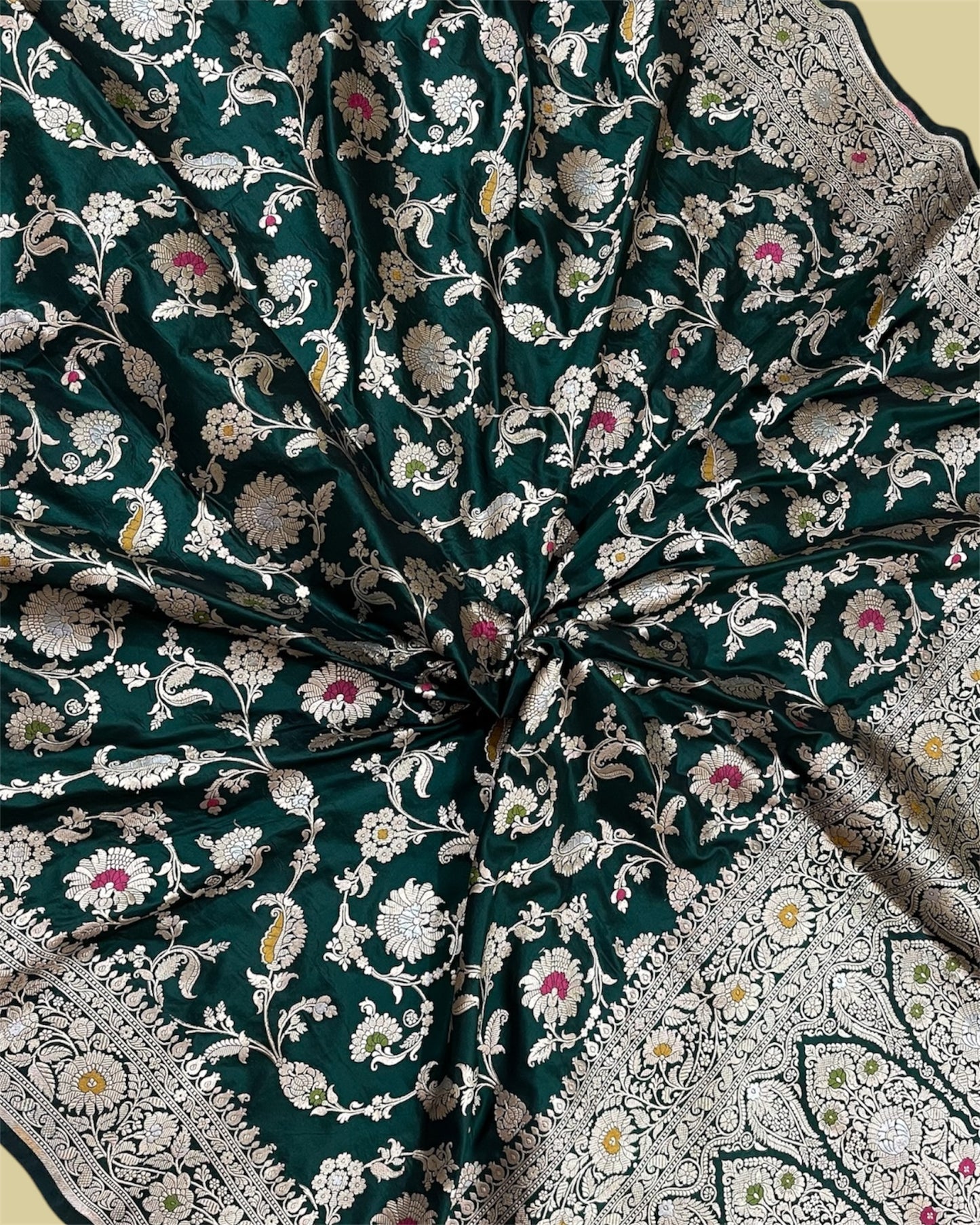 Dark Green Pure Katan Handloom Silk - All Over Jaal Work With Tilfi Meenakari