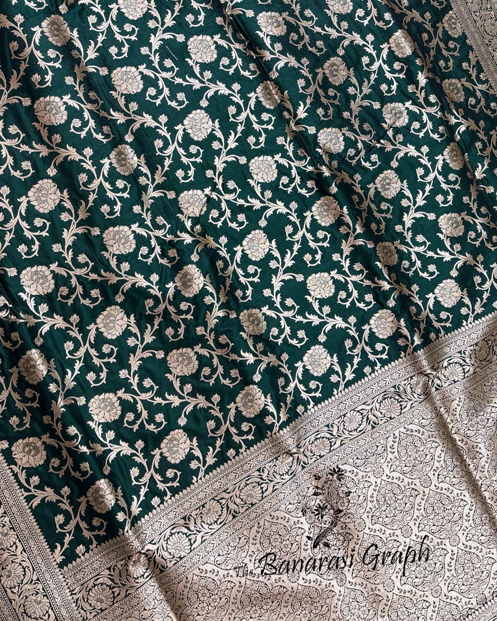 Dark Green Pure Katan Handloom Silk - All Over Jaal Work Banarasi Saree