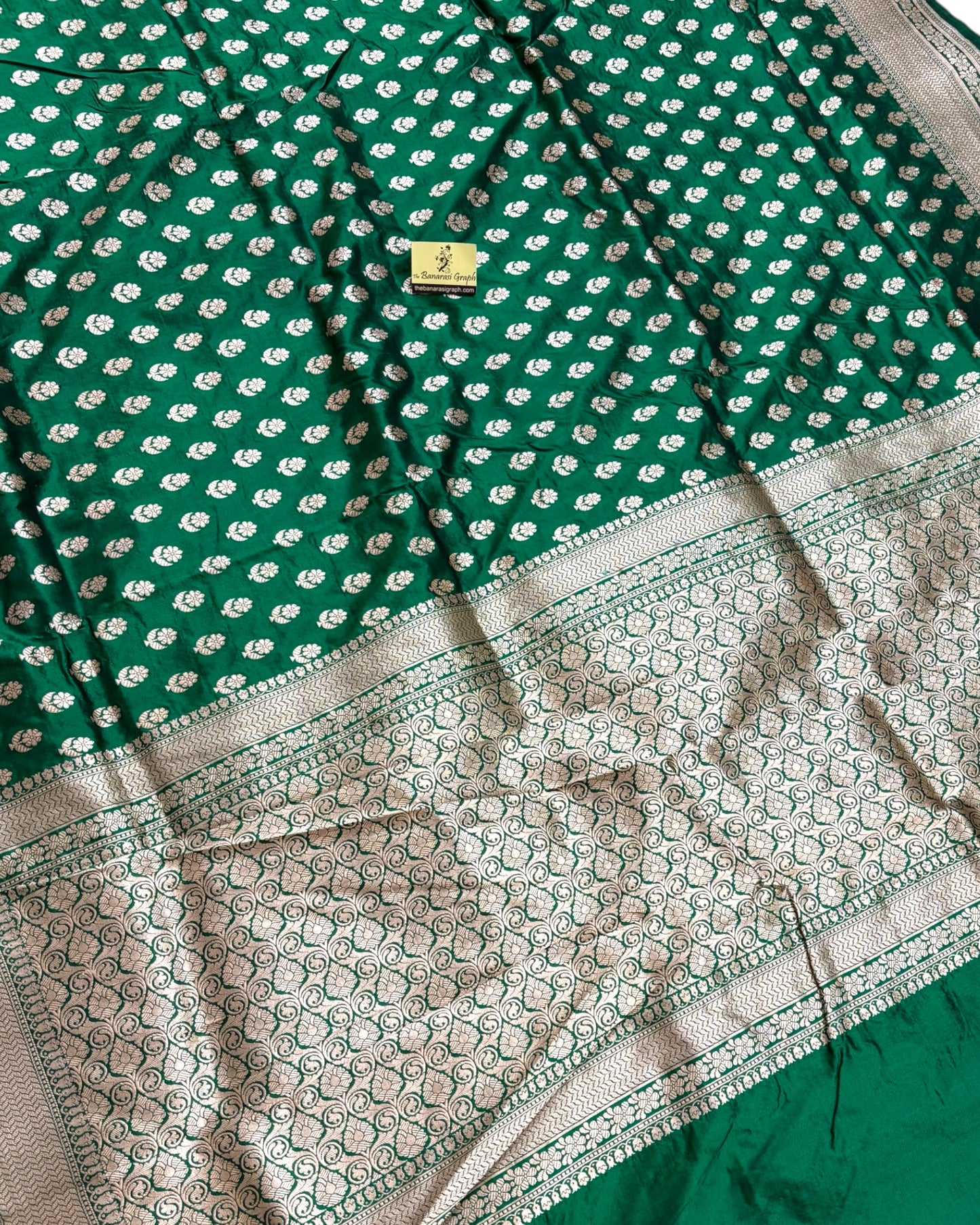 Green Pure Katan Handloom Silk - All Over Booti Work Banarasi Saree