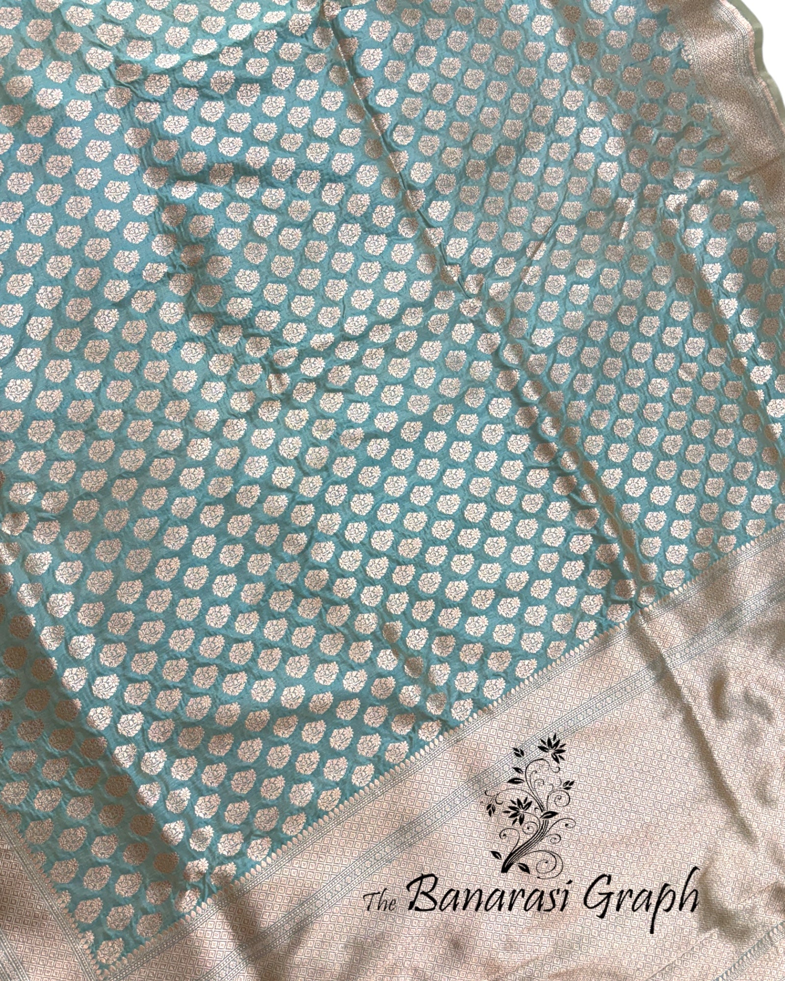 Aqua Blue Pure Katan Handloom Silk - All Over Booti Work Banarasi Saree