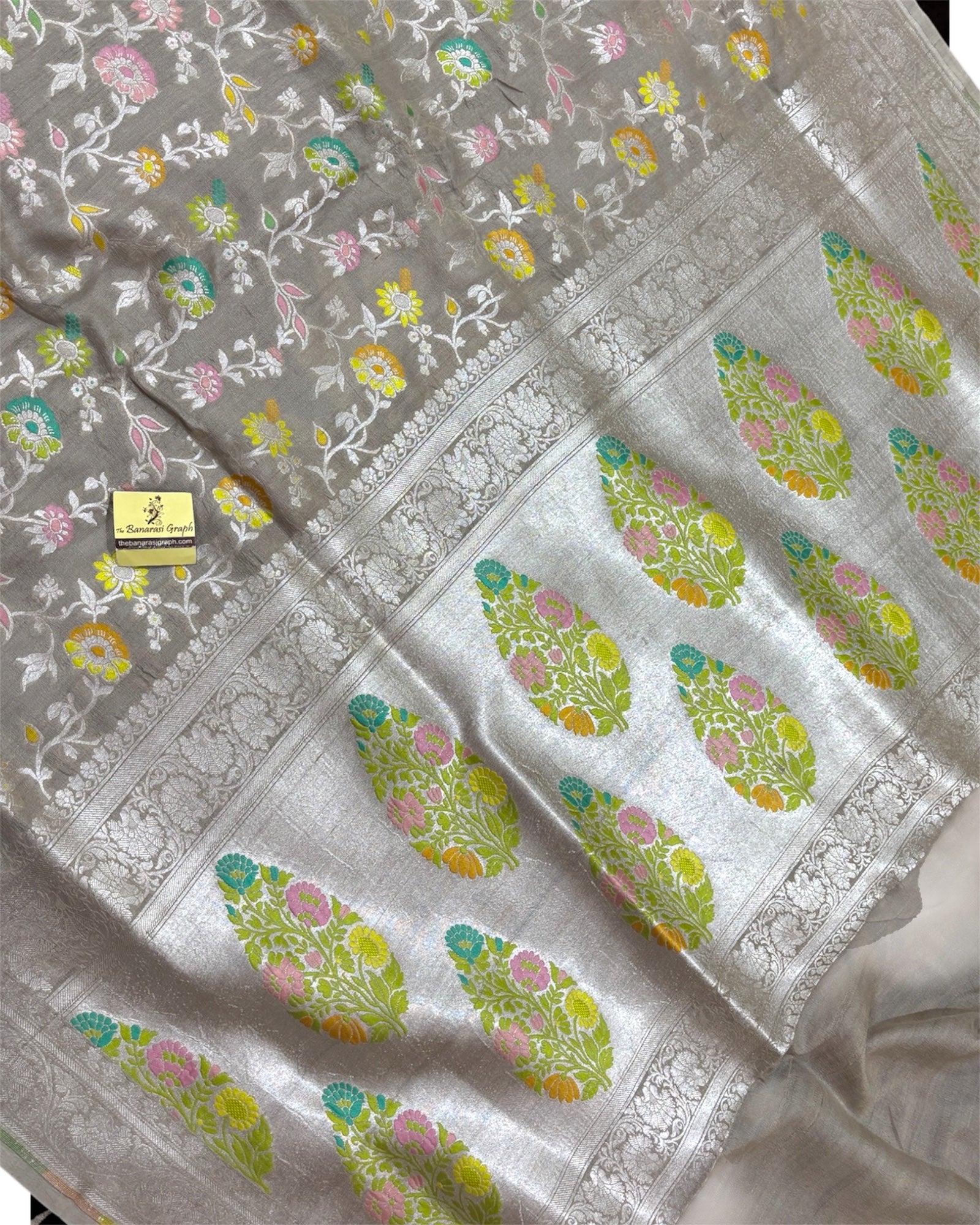 Pure Tussar Georgette Handloom Silk - All Over Jaal Work With Meenakari Banarasi Saree