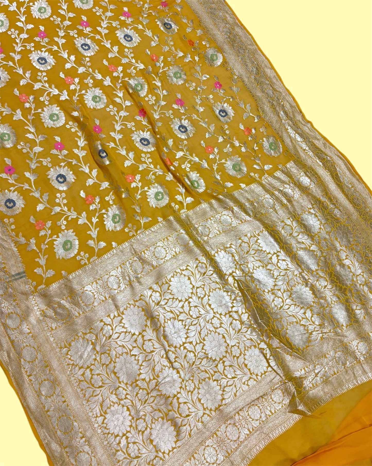 Yellow Pure Khaddi Georgette with Meenakari - Water Zari All Over Jaal Work Banarasi Saree