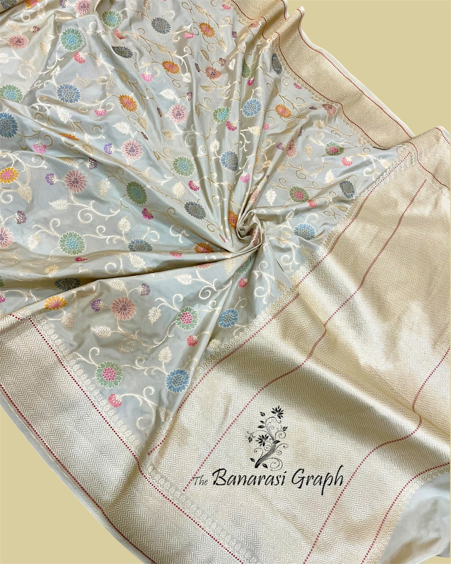 Cream Pure Katan Handloom Silk - All Over Jaal Work With Meenakari Banarasi Saree