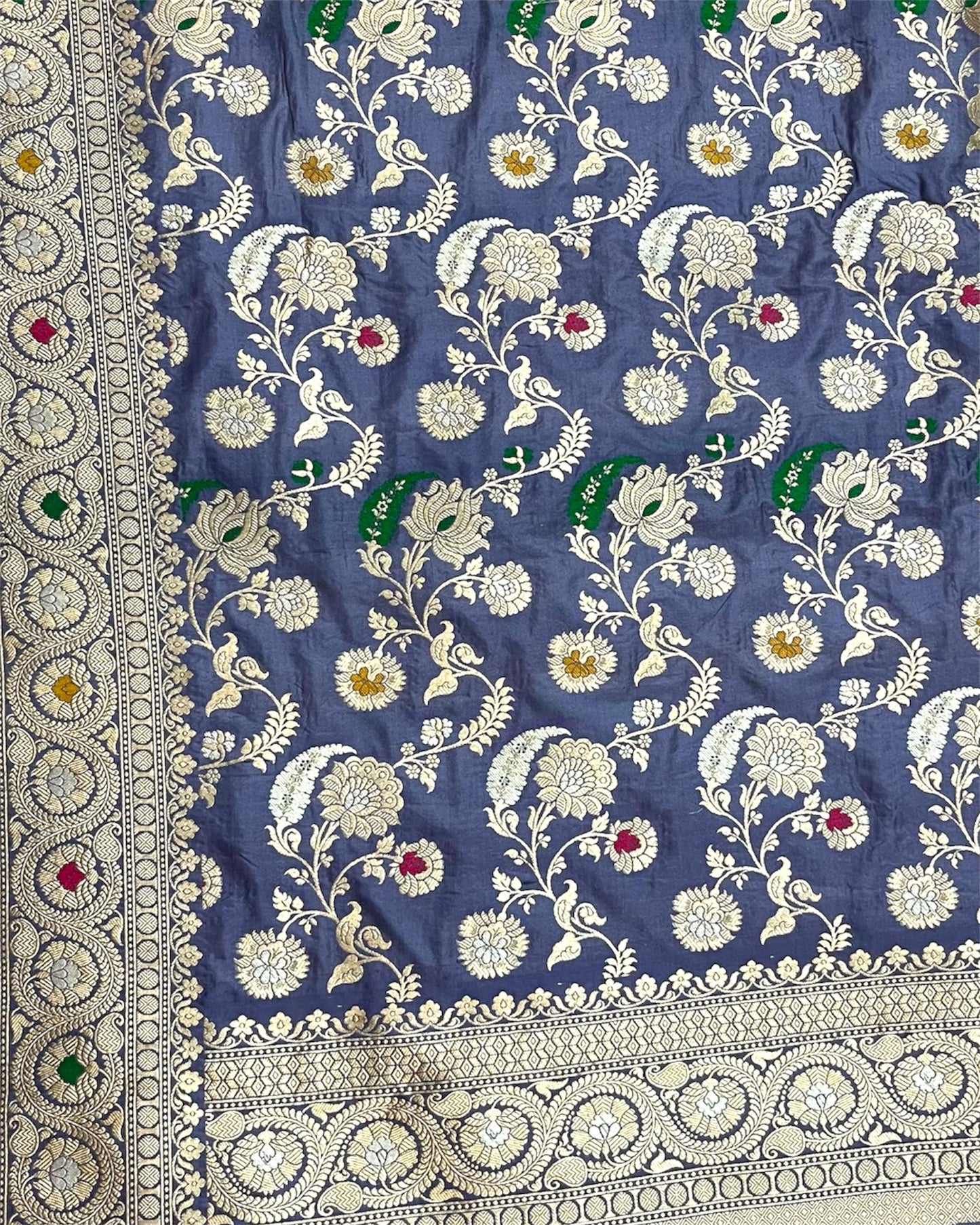 Grey Pure Katan Handloom Silk - All Over Jaal Work with Tilfi Meenakari Banarasi Saree