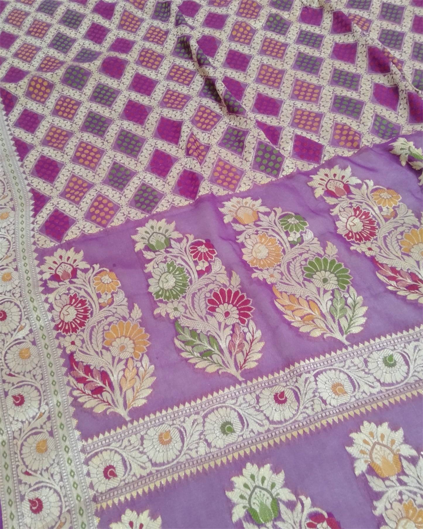 Purple Pure Khaddi Chiffon Water Zari Multi Bhandej Banarasi Saree