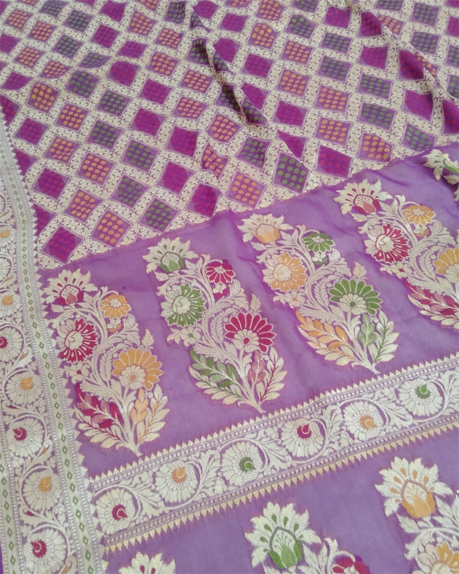 Purple Khaddi Chiffon - Water Zari Multi Bhandej Pure Banarasi Saree