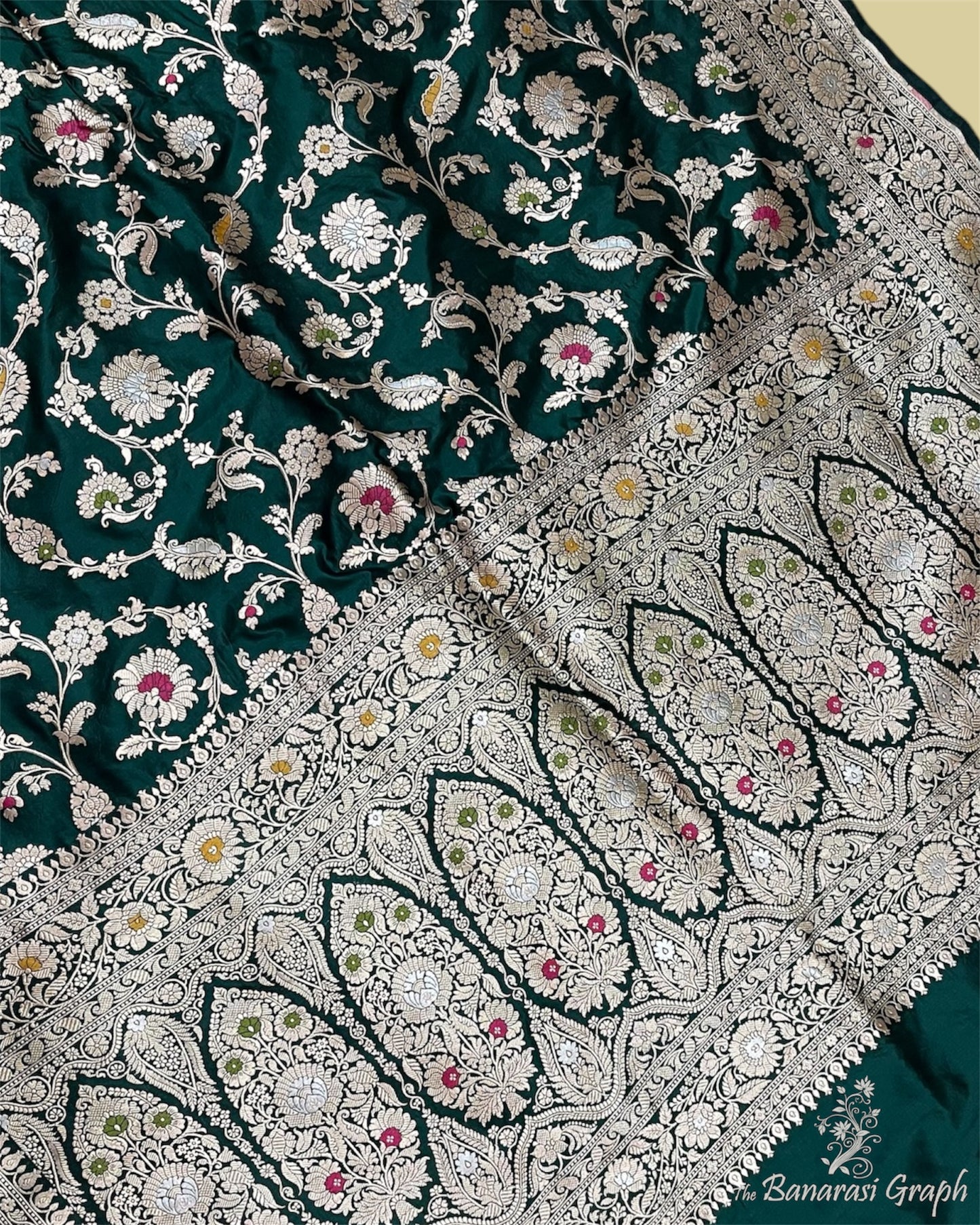 Dark Green Pure Katan Handloom Silk - All Over Jaal Work With Tilfi Meenakari