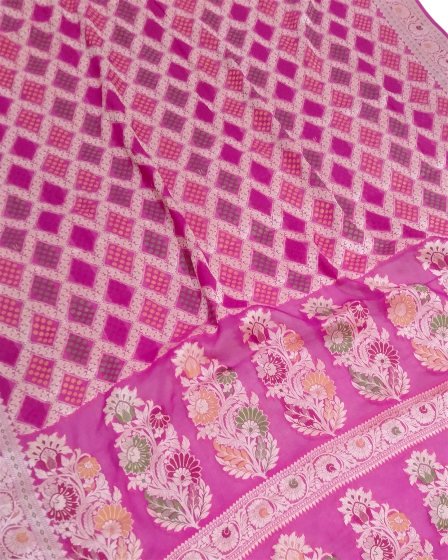 Pink Pure Khaddi Chiffon Water Zari Multi Bhandej Banarasi Saree