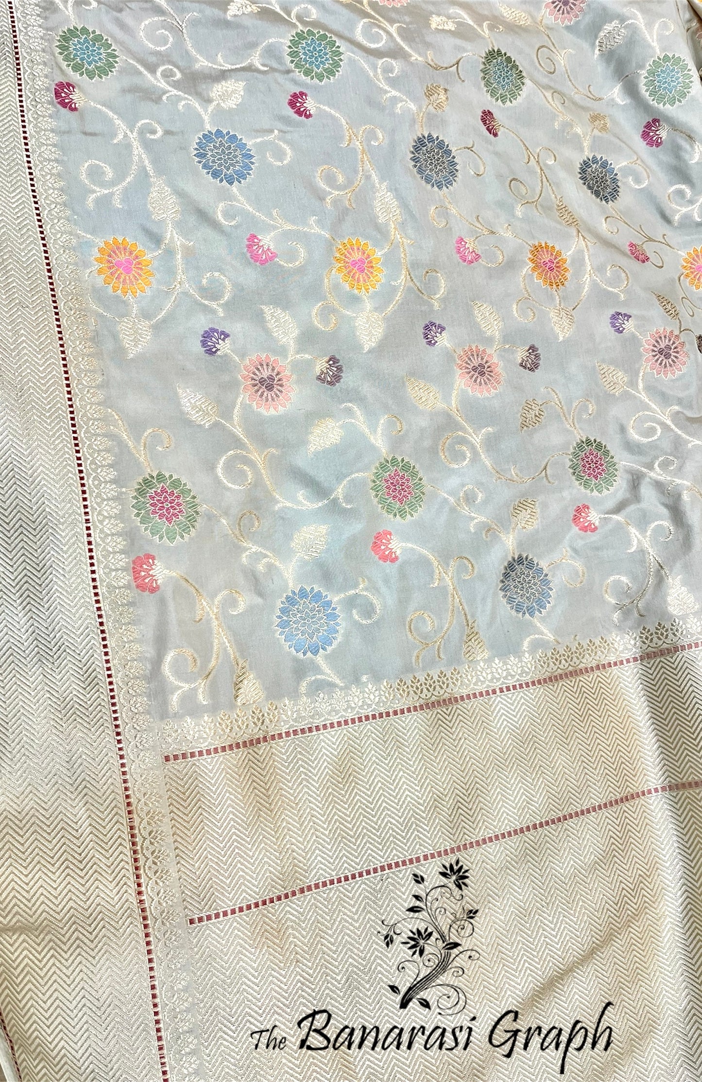Cream Pure Katan Handloom Silk - All Over Jaal Work With Meenakari Banarasi Saree